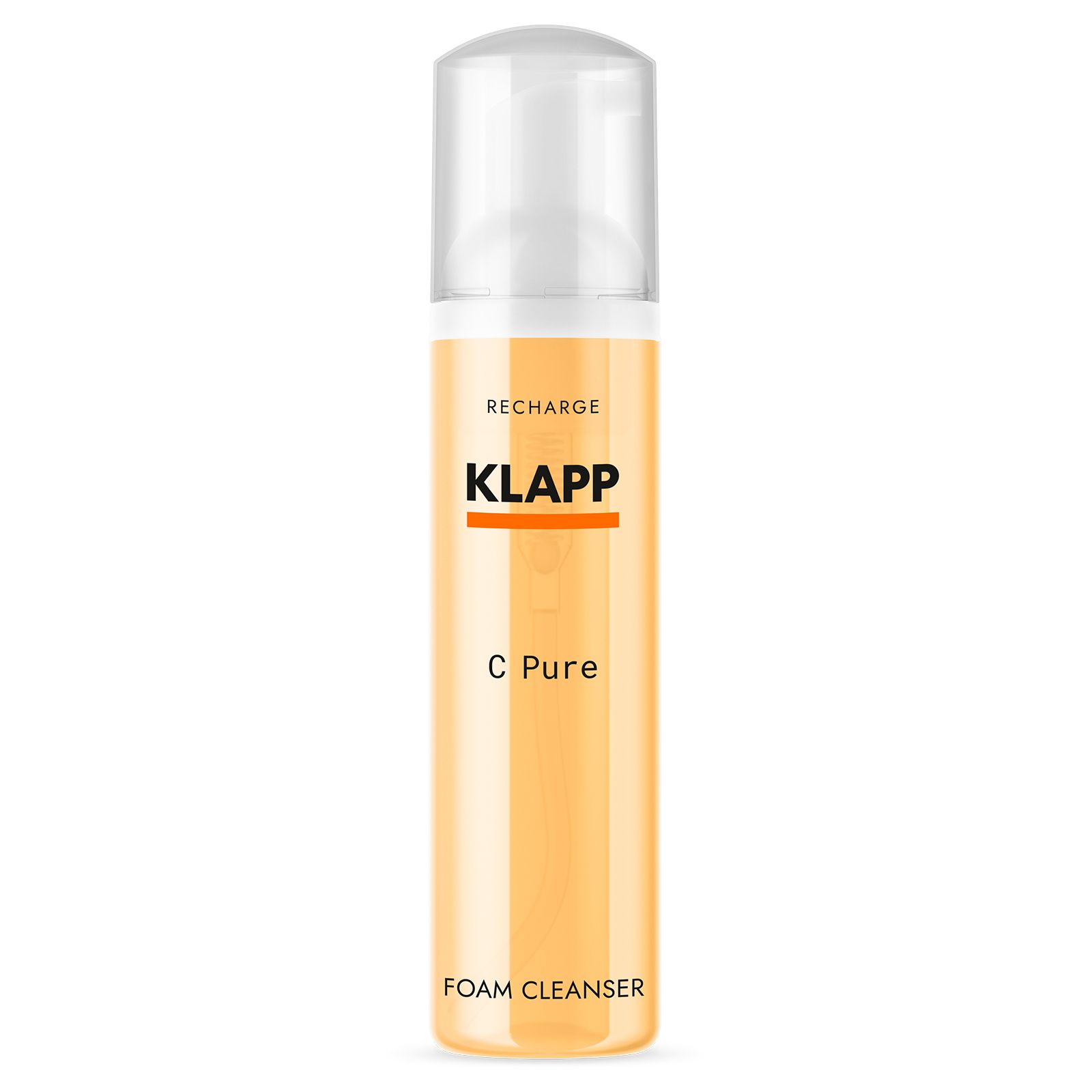 Gele fles met witte pomp. Opschrift: KLAPP, C Pure, Foam Cleanser.