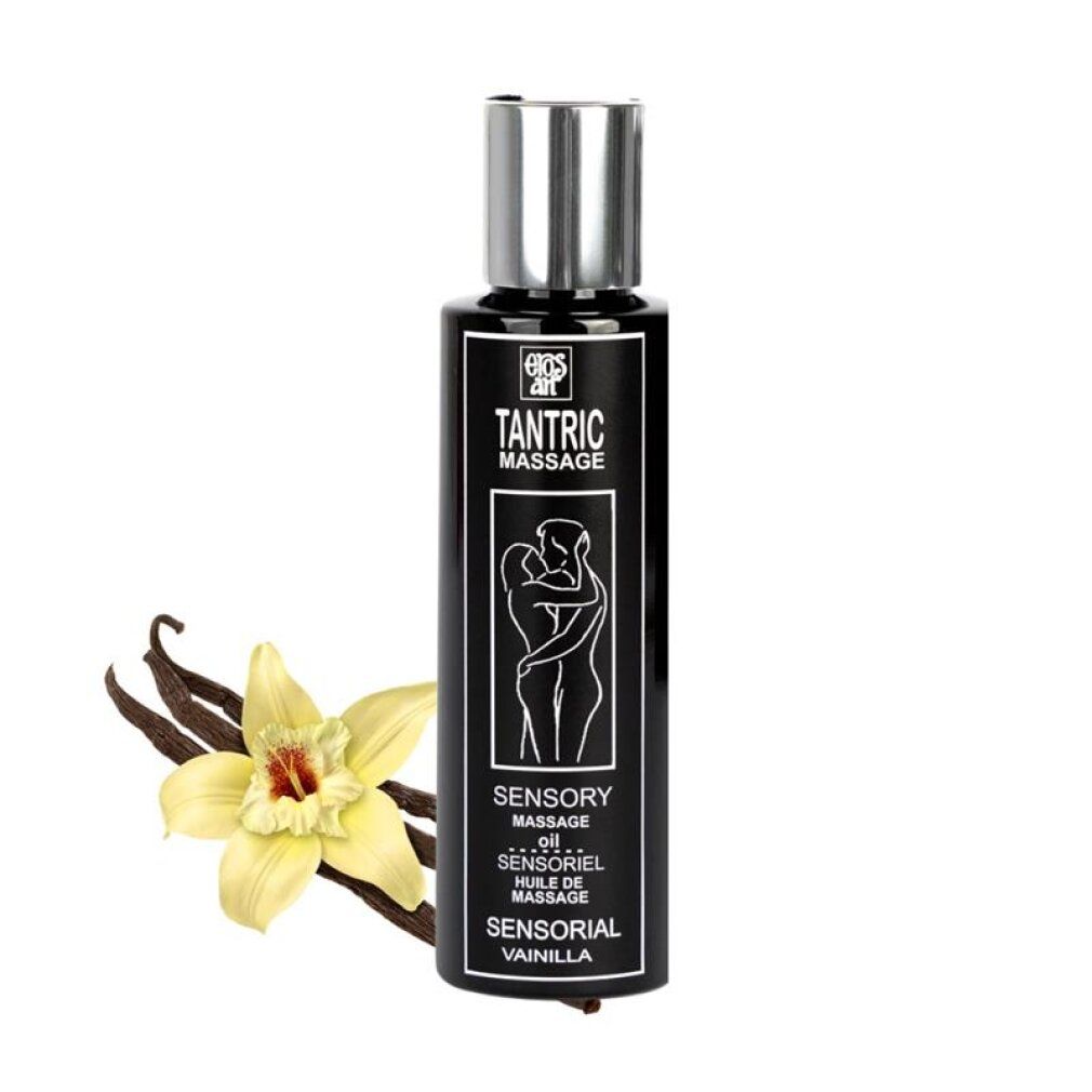Fles sensorische massageolie, vanille. Met afbeelding van een stel en vanillestokjes.