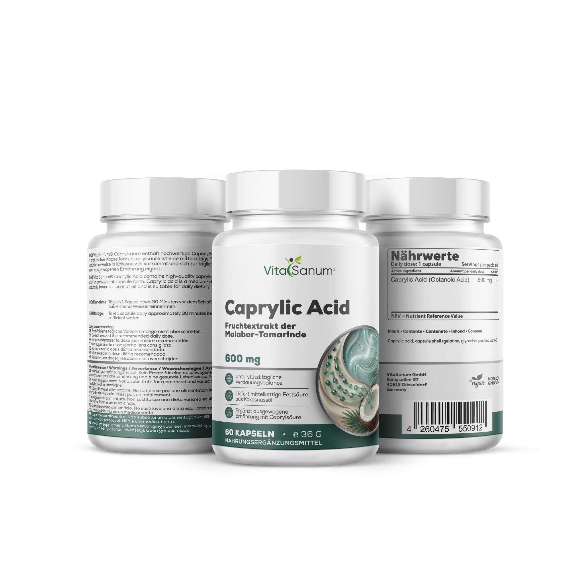 Drie VitaSanum Caprylic Acid 600 mg capsulecontainers. Eén vooraan, twee achteraan. Etiketten met product- en voedingsinformatie.