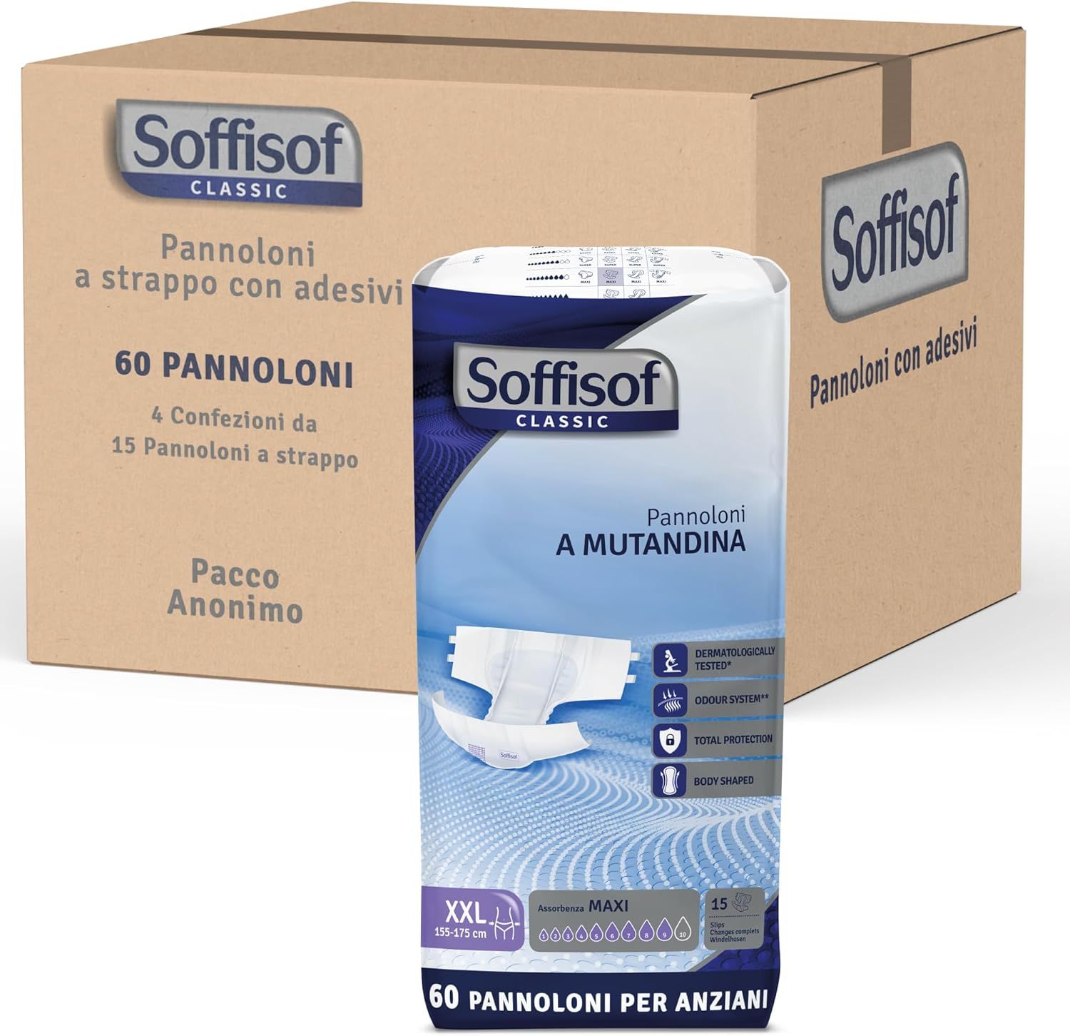 Soffisof Classic Maxi couches adultes, 60 pièces. Carton et emballage avec image du produit.