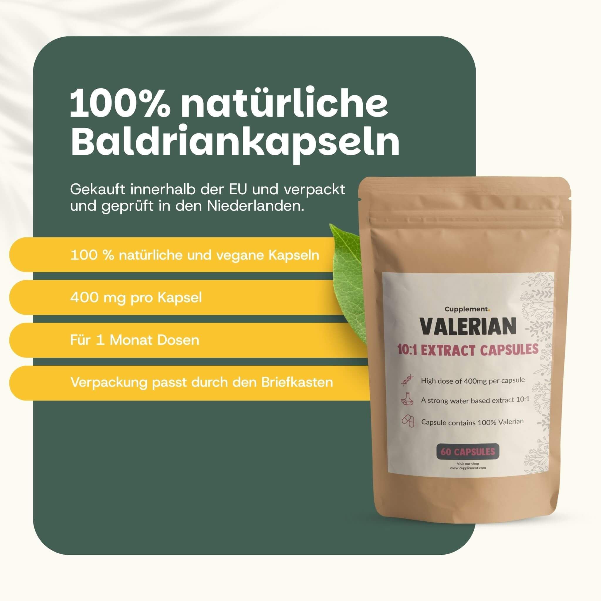 Bruine verpakking met Valeriaan 10:1 extract capsules. 60 capsules.