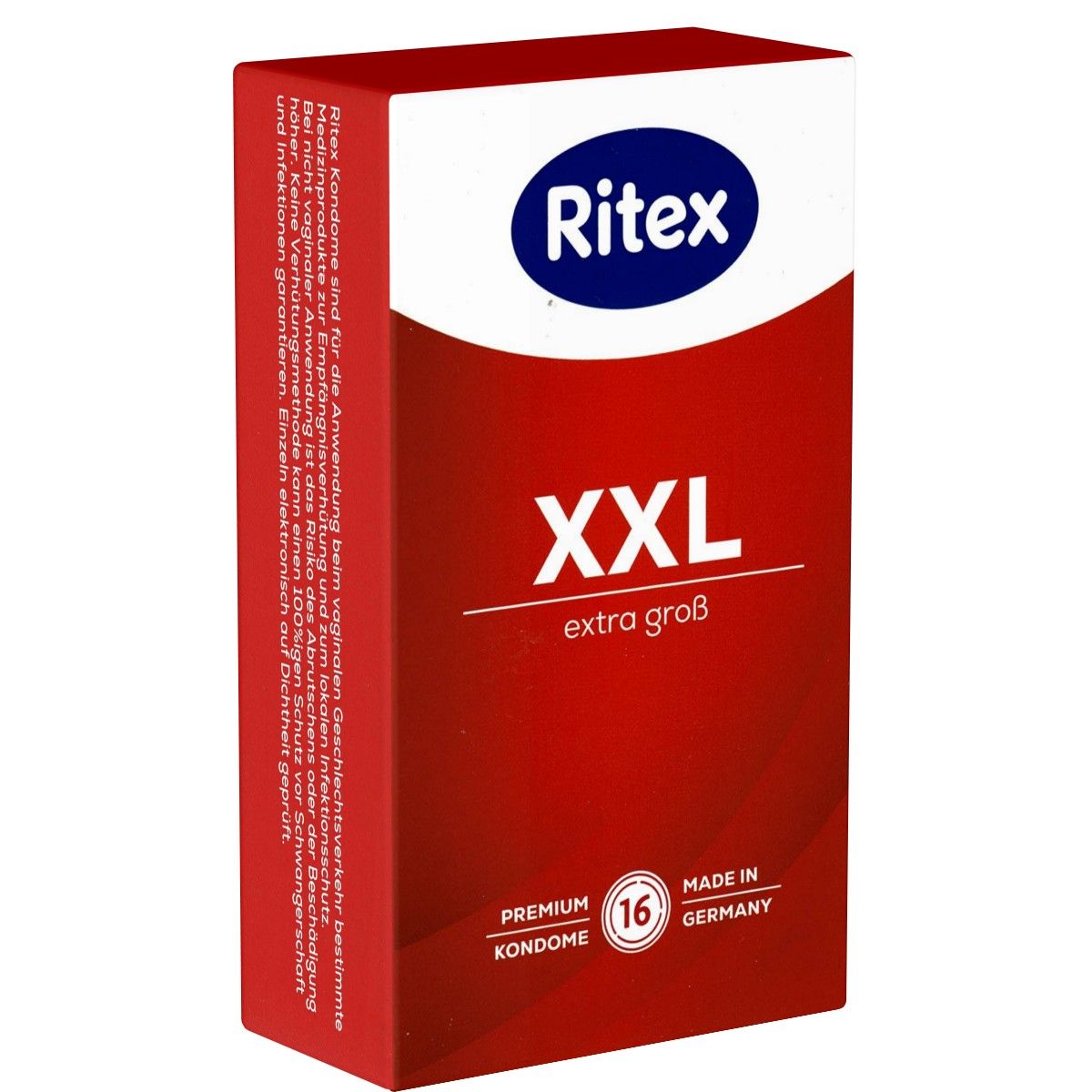 Boîte rouge avec logo Ritex blanc et inscription XXL. Contient 16 préservatifs Premium. Fabriqué en Allemagne.