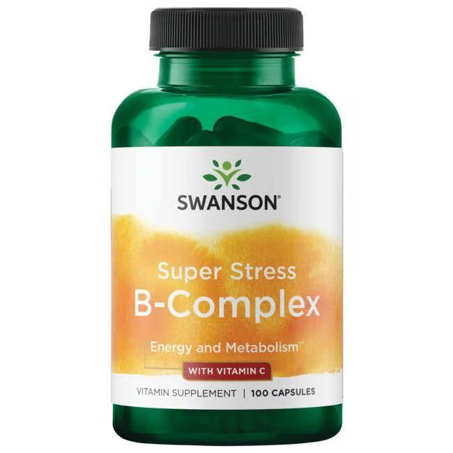 Flacon vert de gélules. Inscription: SWANSON Super Stress B-Komplex avec vitamine C. 100 gélules.