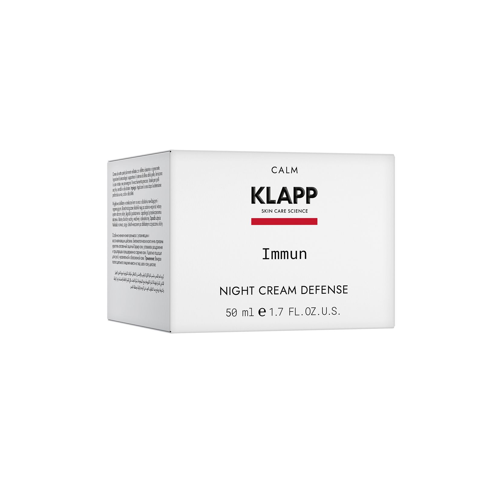 Klapp Immun Night Cream Defense. Witte rechthoekige verpakking. Productnaam, merk en volume-aanduiding op de voorkant zichtbaar.