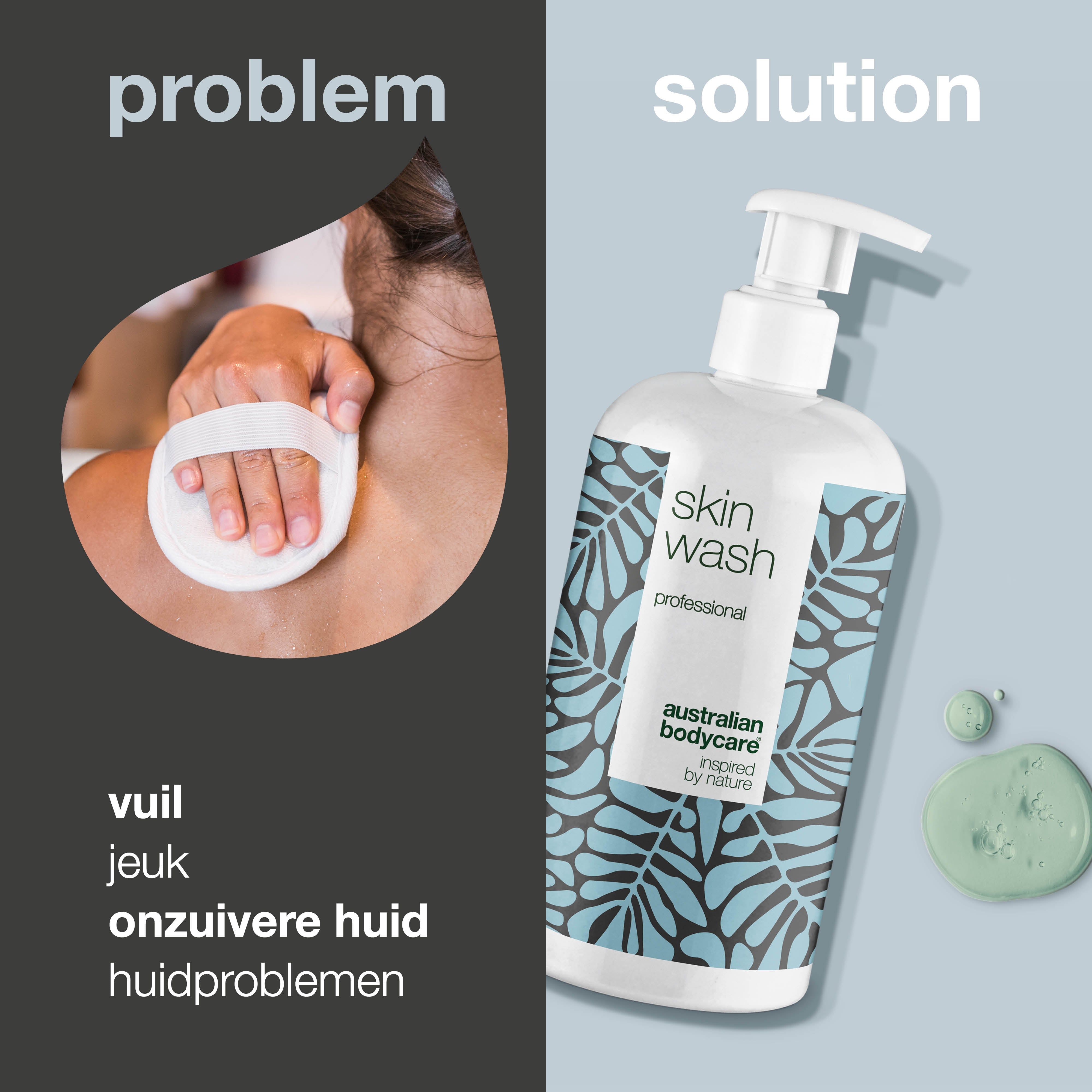 Probleem-oplossing presentatie. Fles met pomp. Opschrift: Skin Wash professional. Logo: Australian Bodycare. Tekst: Vuil, jeuk.