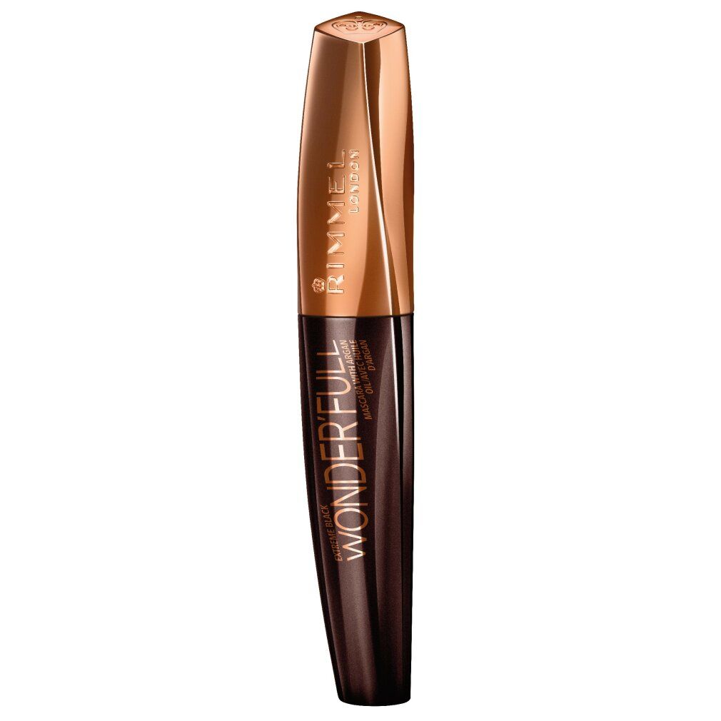 Mascara tube, donkerbruin met gouden dop. Opschrift: Rimmel Wonder'full.