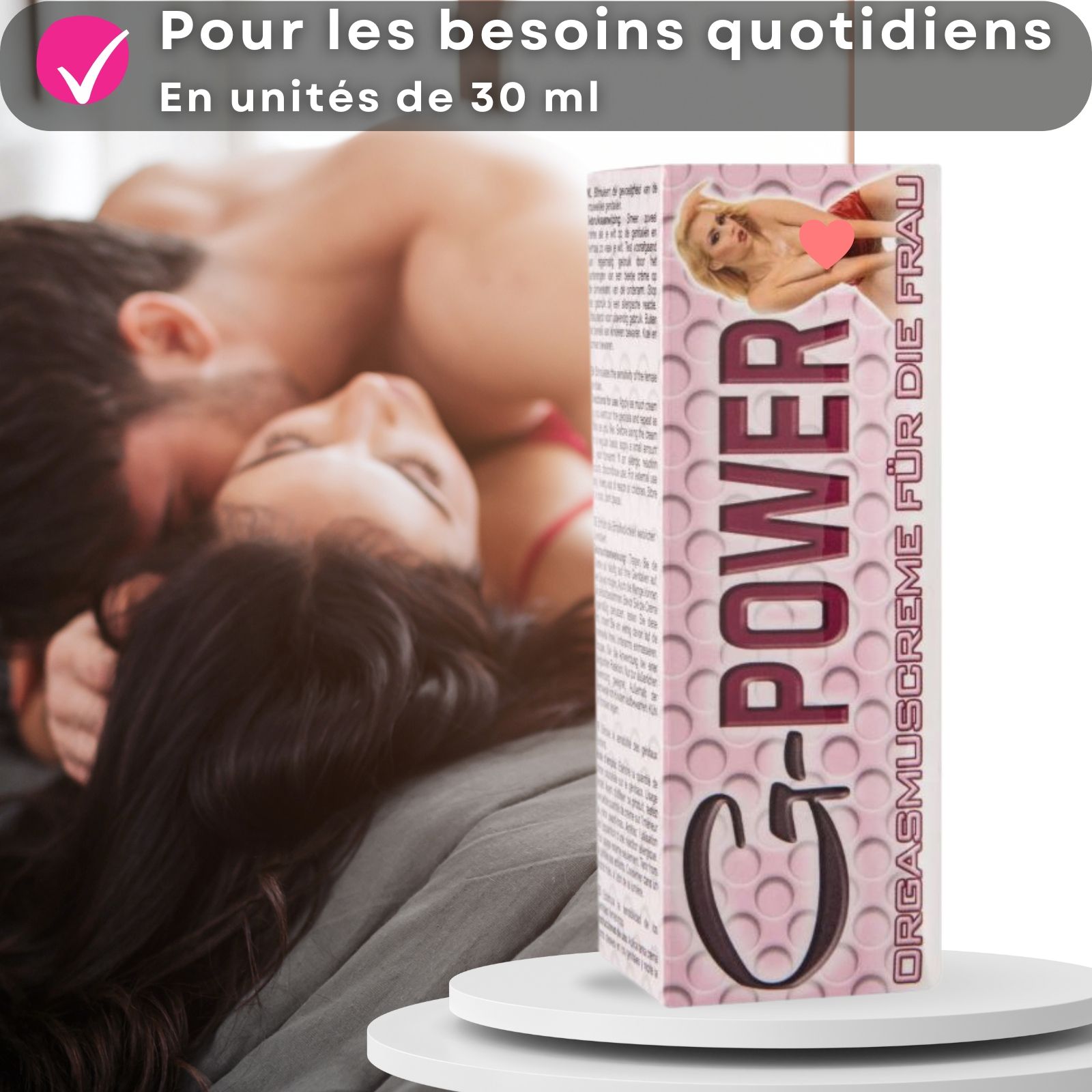 Tube de crème G-POWER. Texte: Crème orgasmique pour femmes. Couleurs rose et blanc. Emballage avec texte.