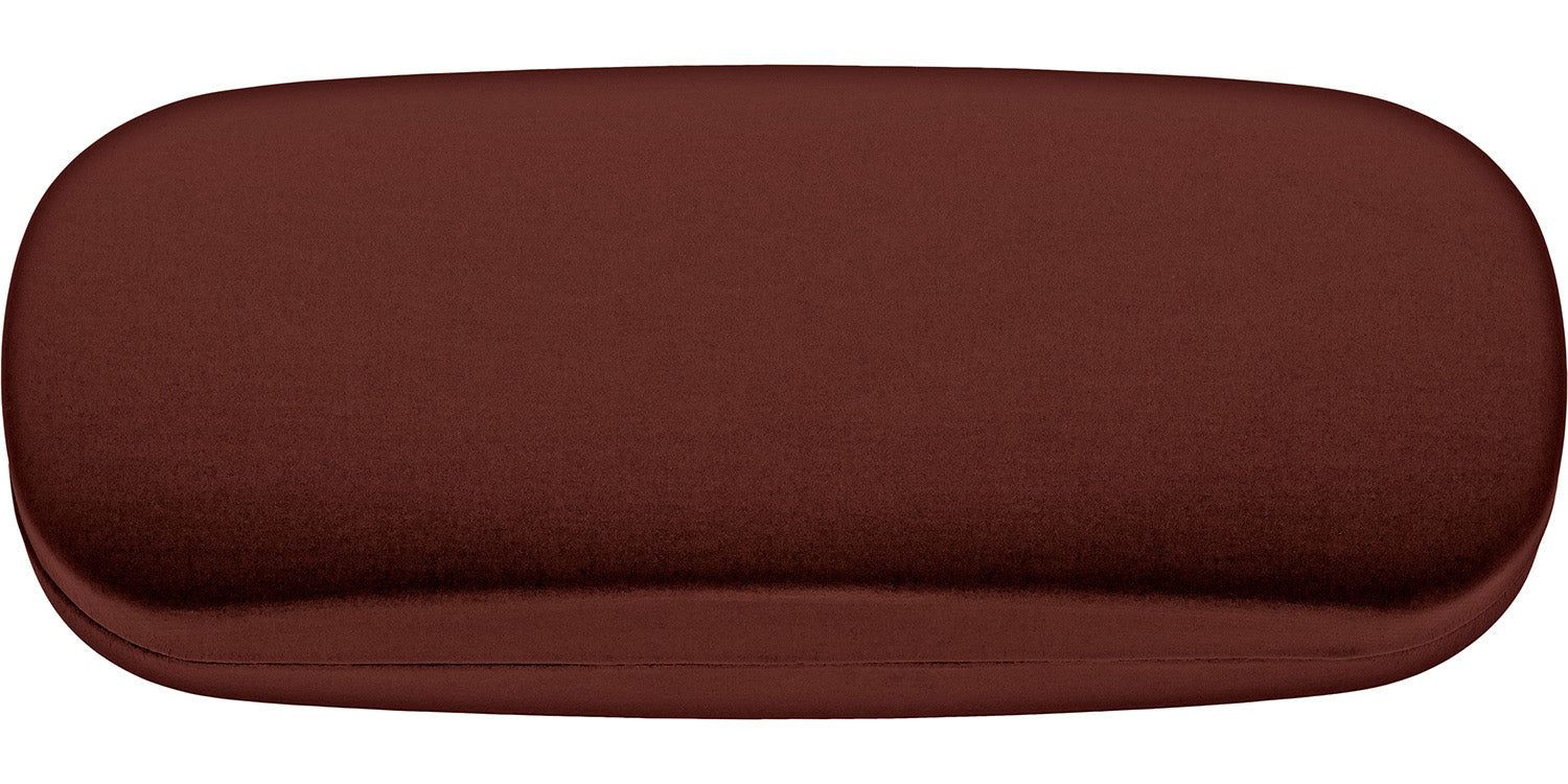 Étui rigide marron. Forme ovale. Surface lisse. Fermé.