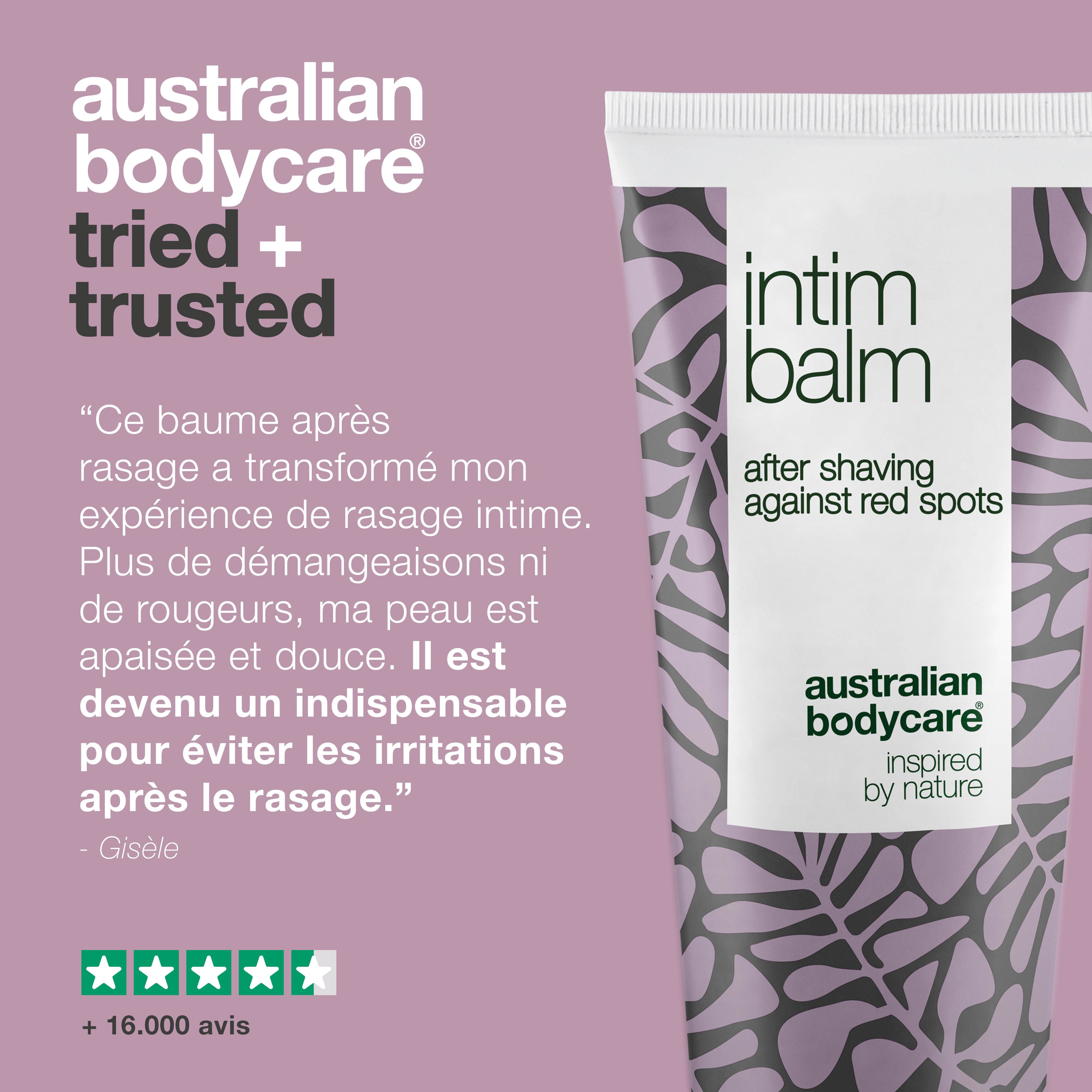 Australian Bodycare. Témoignage. Baume intime. Texte et étoiles.