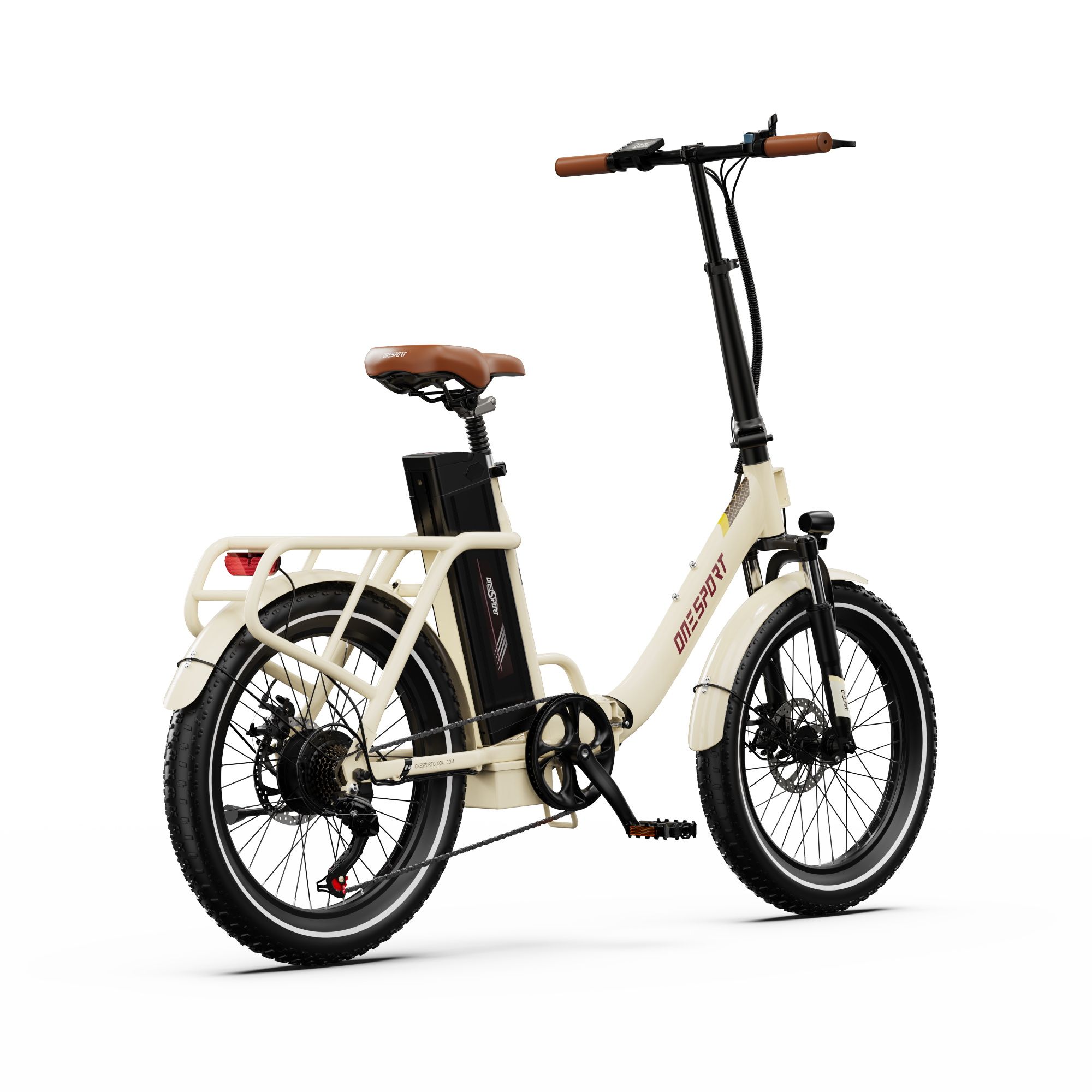 Vélo électrique beige, selle et guidon marron. Logo ONESPORT. Pneus noirs et batterie.