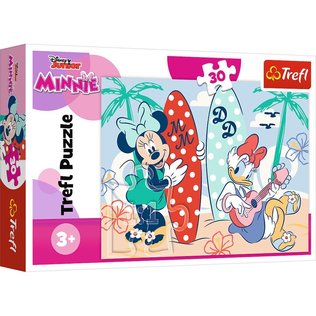 Puzzle Trefl Minnie, 30 pièces. Emballage avec Minnie et Daisy à la plage. Logo Disney Junior.