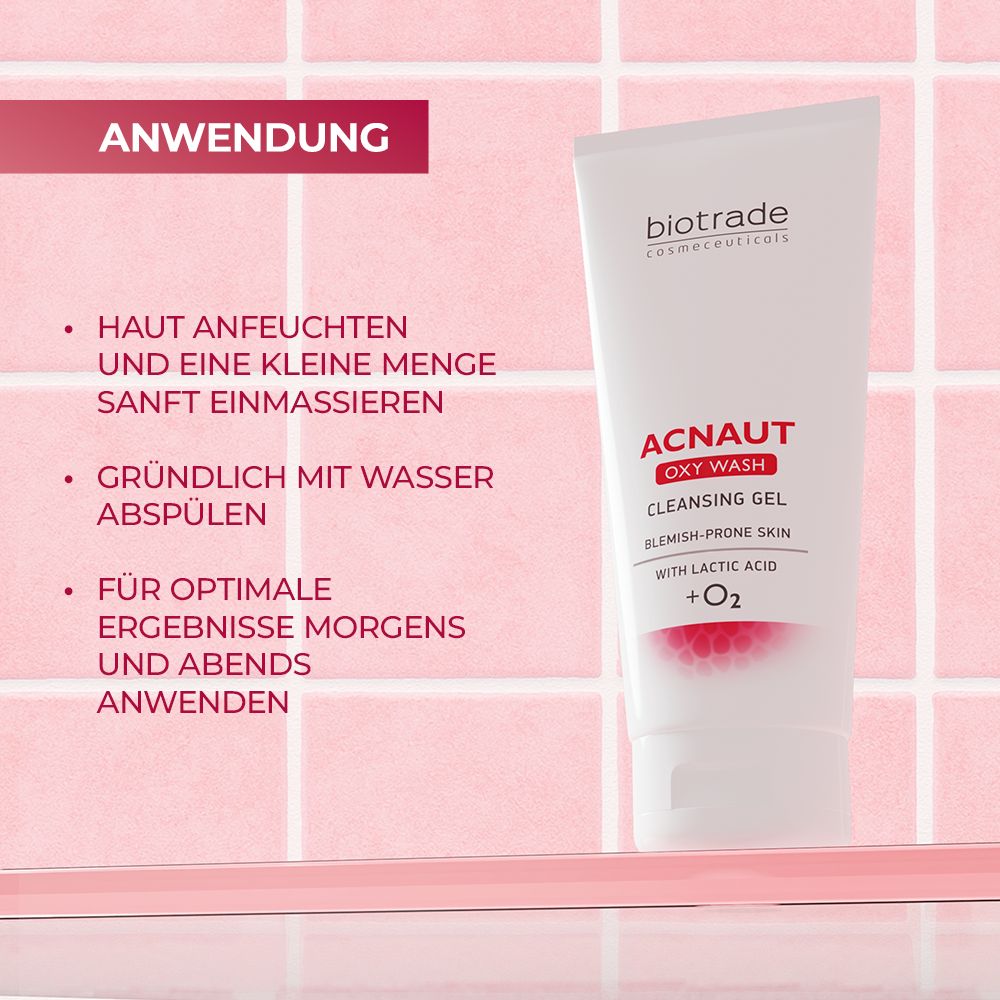 Tube de produit avec texte. Texte : Acnaut Oxy Wash Cleansing Gel. Sur fond rose avec des boîtes de texte.