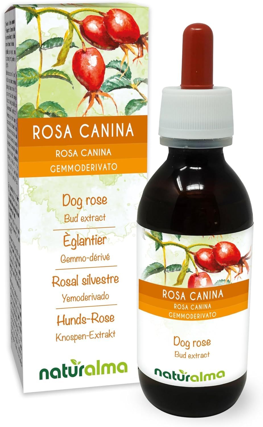 Bouteille et emballage du produit. Le nom du produit "Rosa Canina" et "Hunds-Rose" sont visibles sur la bouteille et l'emballage. Avec compte-gouttes.