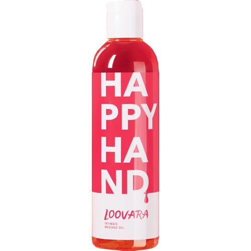 Bouteille d'huile de massage Loovara Happy Hand avec inscription 'HAPPY HAND' et logo.
