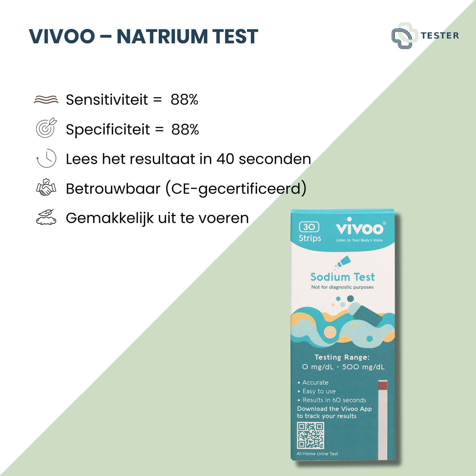 Vivoo Natrium Test: 30 strips, CE-gecertificeerd. Resultaten in 40 sec. Gevoeligheid/specificiteit 88%.