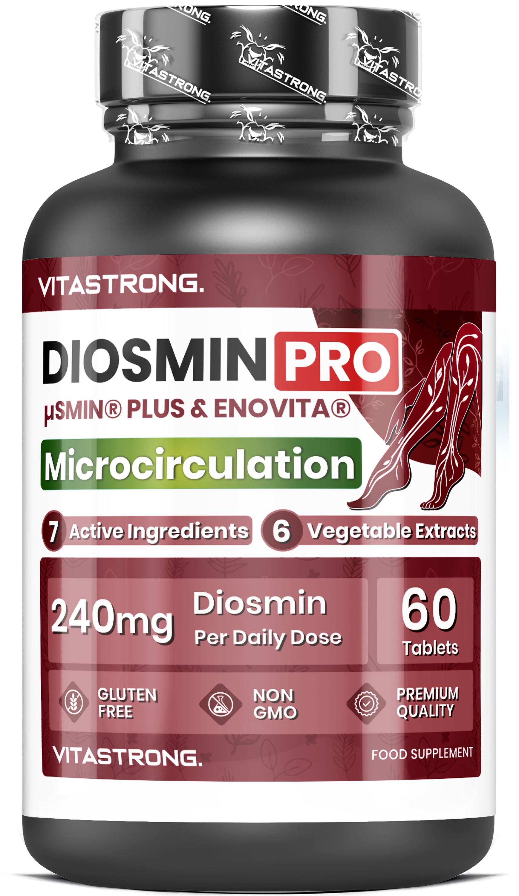 Bouteille Vitastrong Diosmin PRO de 60 comprimés, axée sur la microcirculation.