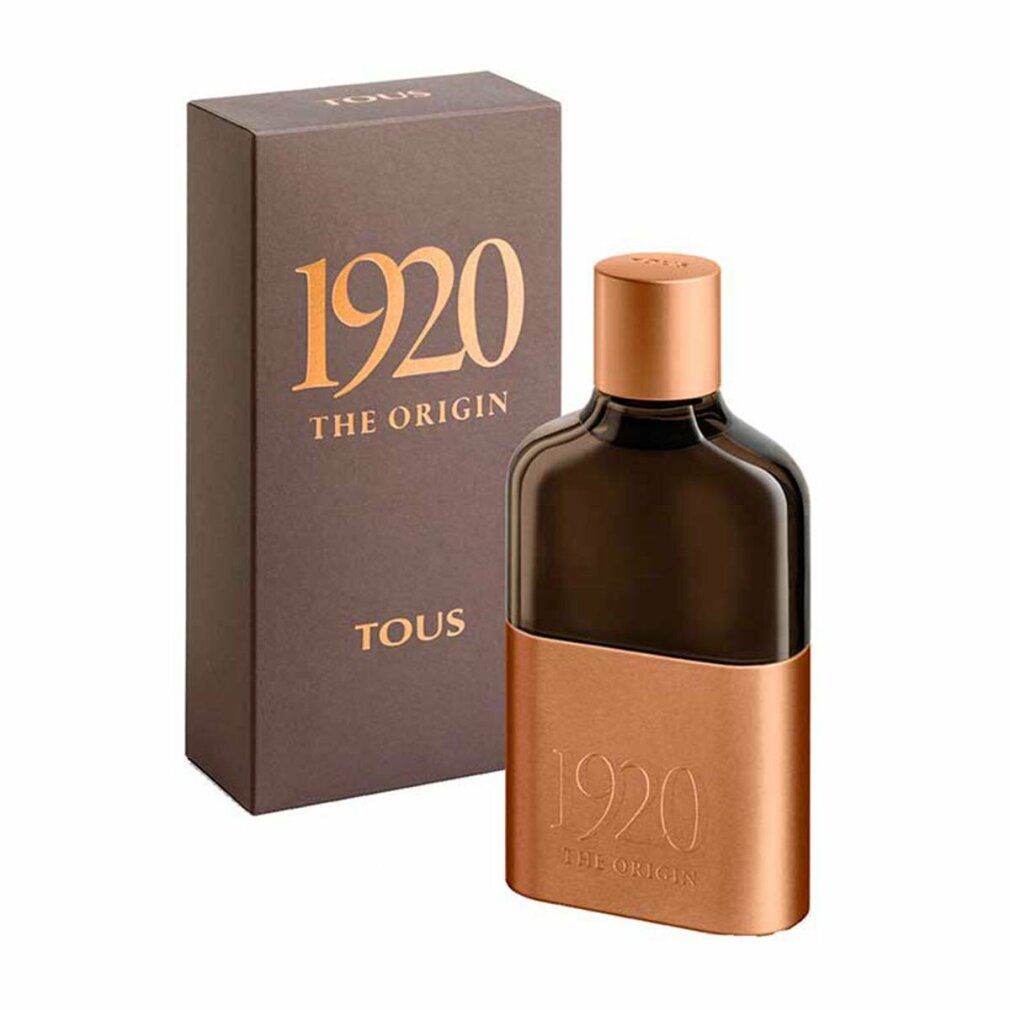 Flacon de parfum et emballage. Flacon avec base et bouchon cuivrés, verre foncé. Emballage avec texte doré.