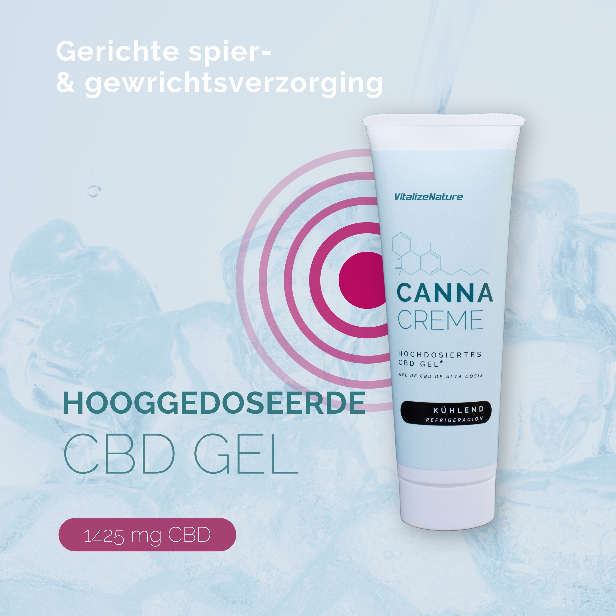 Canna Creme tube. Wit-blauwe tube met tekst. 1425 mg CBD.