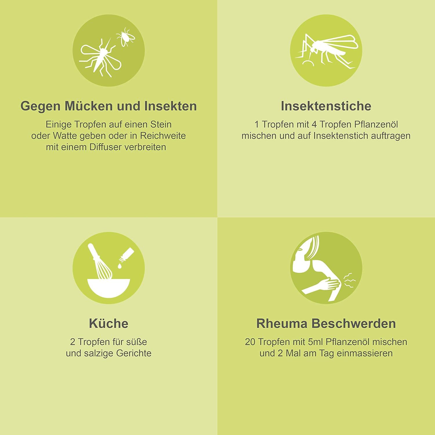 Tegen muggen en insecten: enkele druppels op steen of watten, of verspreiden met diffuser.
