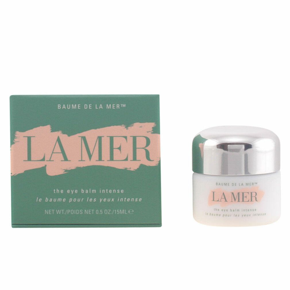 Boîte et pot verts. Sur la boîte, "LA MER" et "the eye balm intense". Le pot a un couvercle argenté.