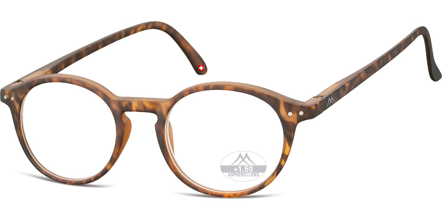 Lunettes rondes, monture marron. Logo Montana Eyewear en bas à droite. Branches à motifs.