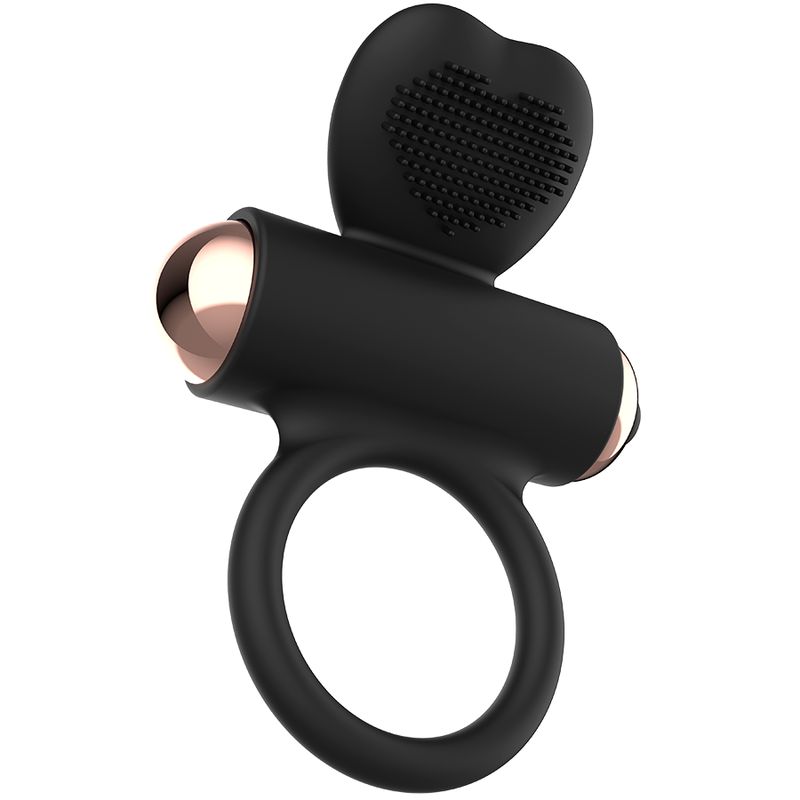 Anneau pénien en silicone noir avec vibreur en forme de cœur et accents couleur cuivre.