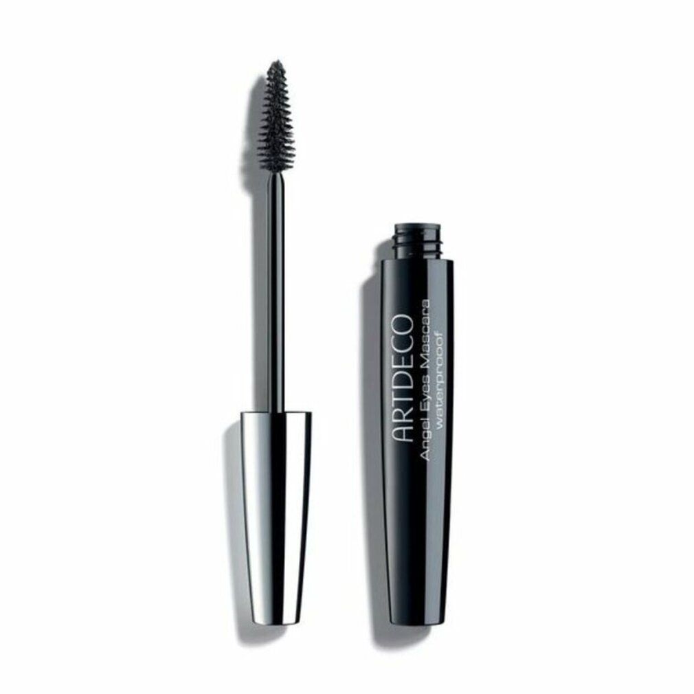 Tube de mascara noir avec capuchon argenté. La brosse est sortie. "ARTDECO Angel Eyes Mascara waterproof" est écrit sur le tube.