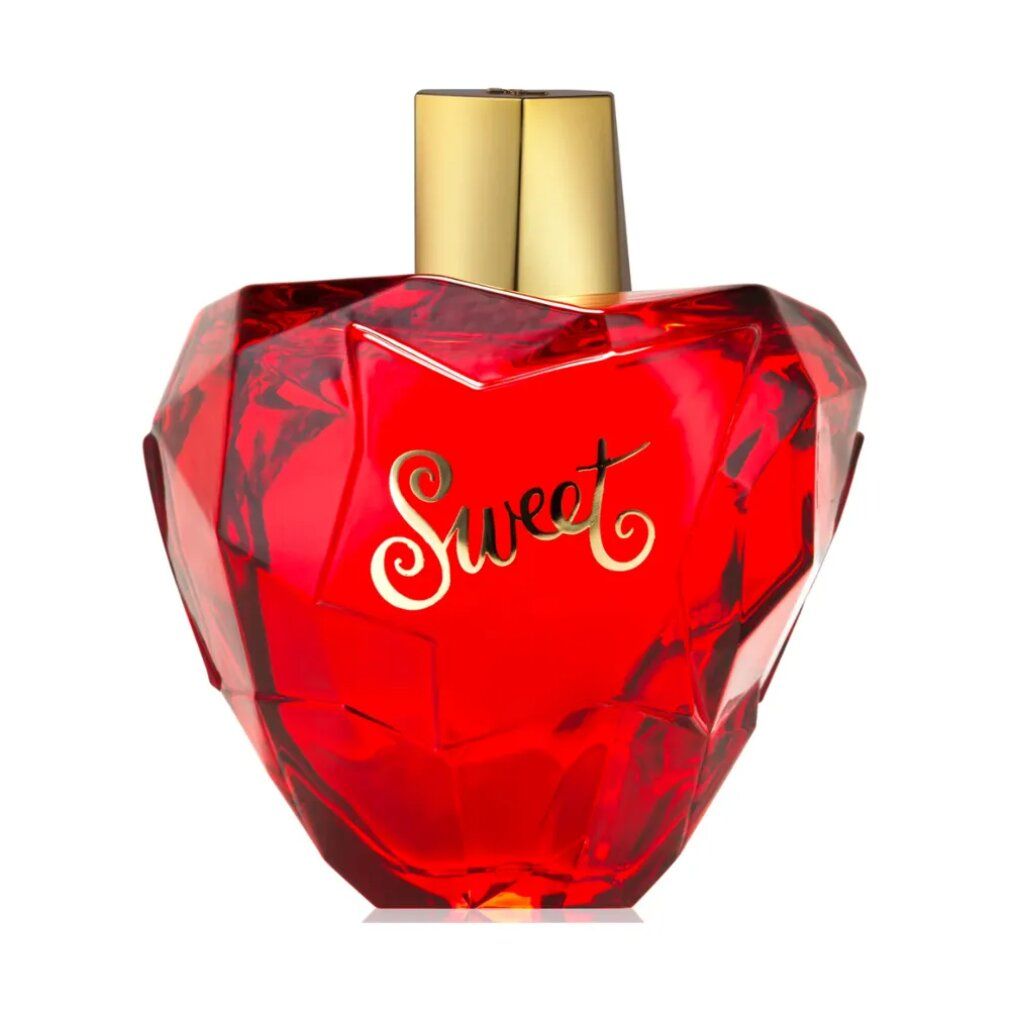 Flacon rouge en forme de cœur avec bouchon doré. Inscription "Sweet".