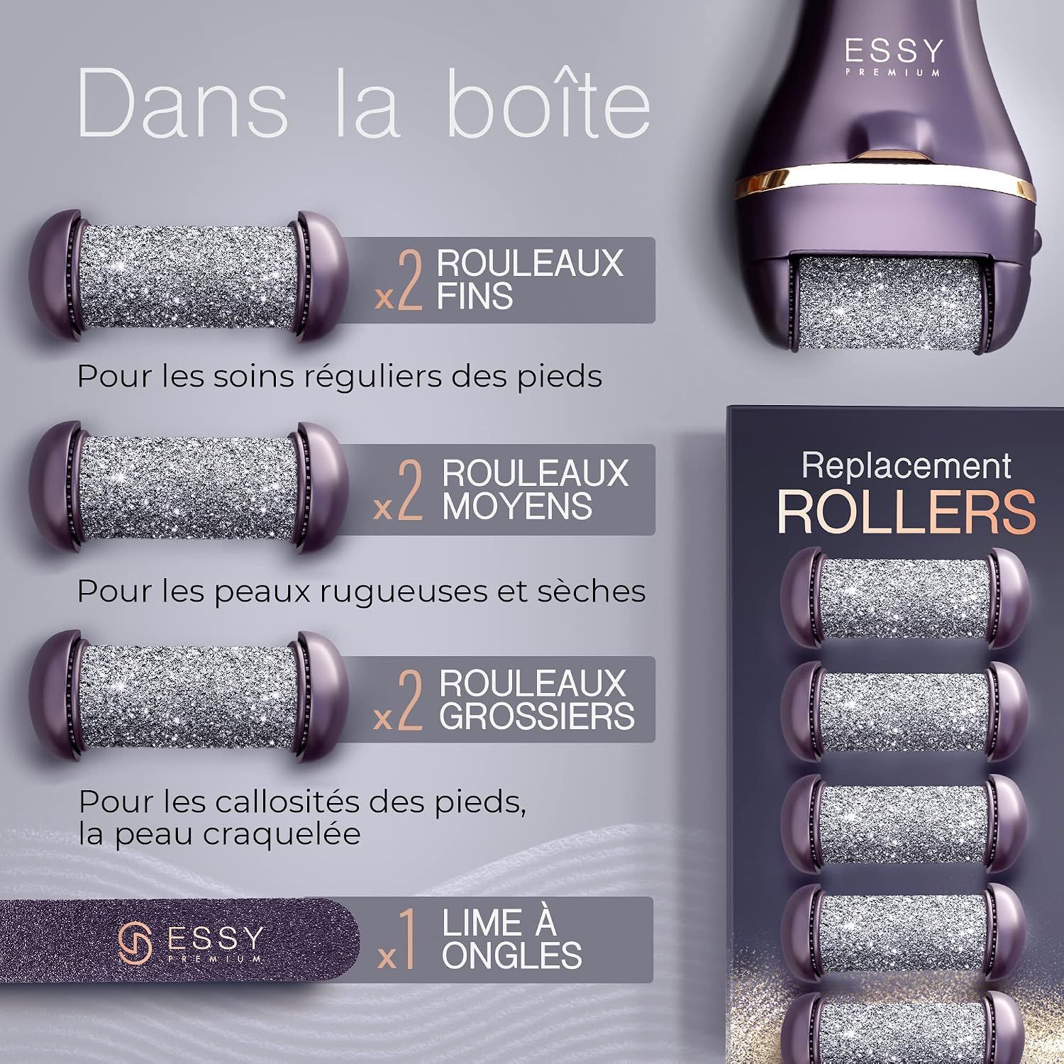 Set de soins des pieds avec 2 rouleaux fins, 2 moyens, 2 gros et une lime à ongles.
