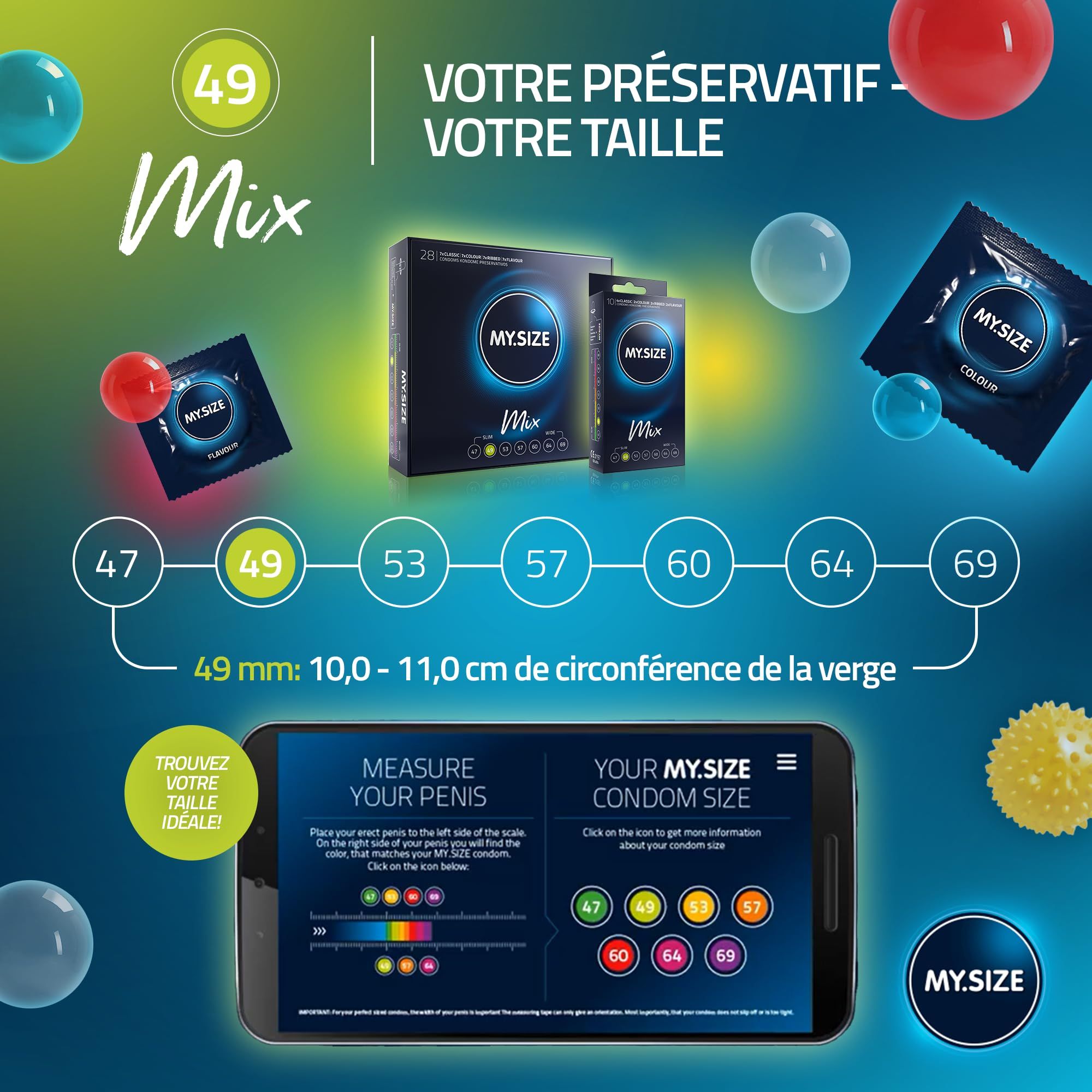 Boîte de préservatifs MY.SIZE Mix, 10 unités, taille 49mm. Indication de taille.
