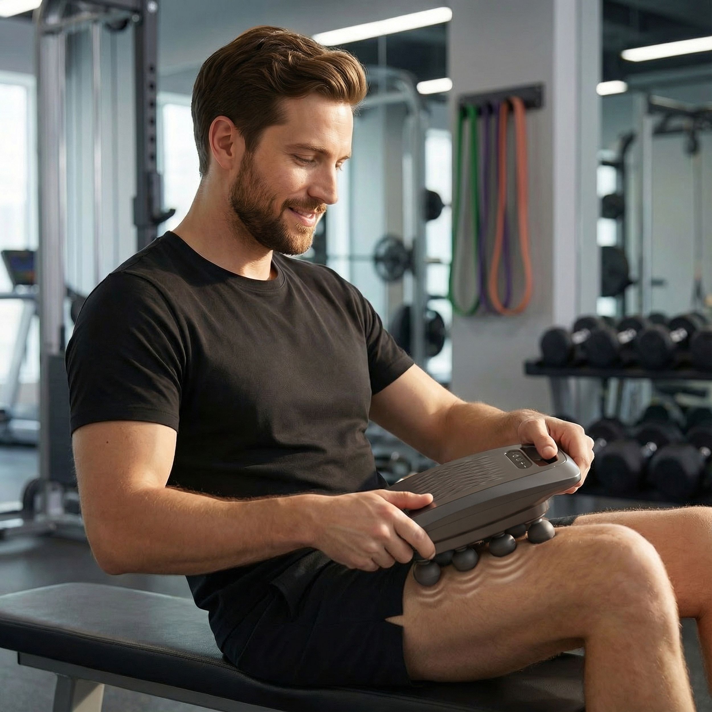 Man zit en masseert dij met massageapparaat. Apparaat grijs, met ballen. Man glimlacht.