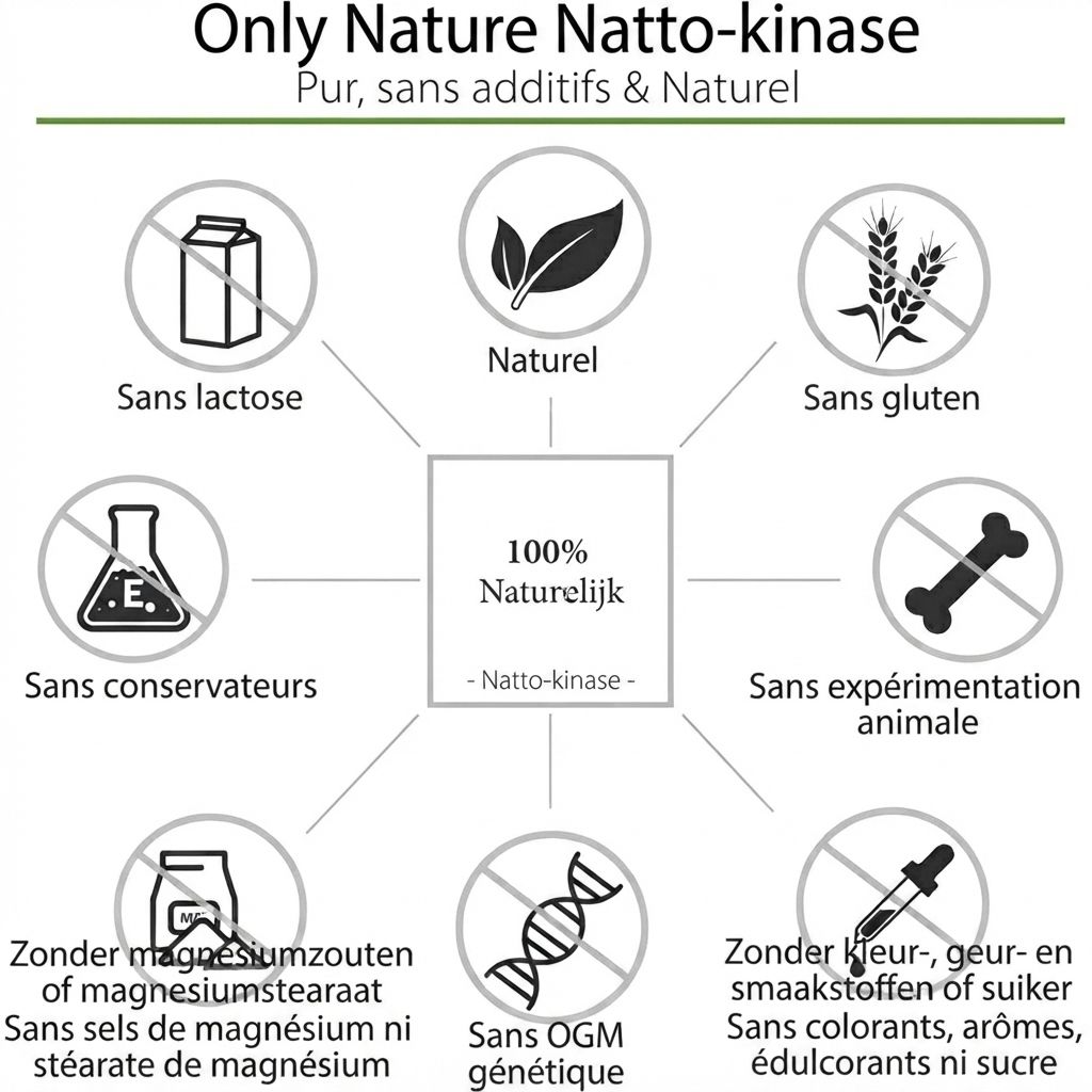 Infographie : Only Nature Nattokinase est '100% Naturel', sans lactose, sans gluten, sans conservateurs.