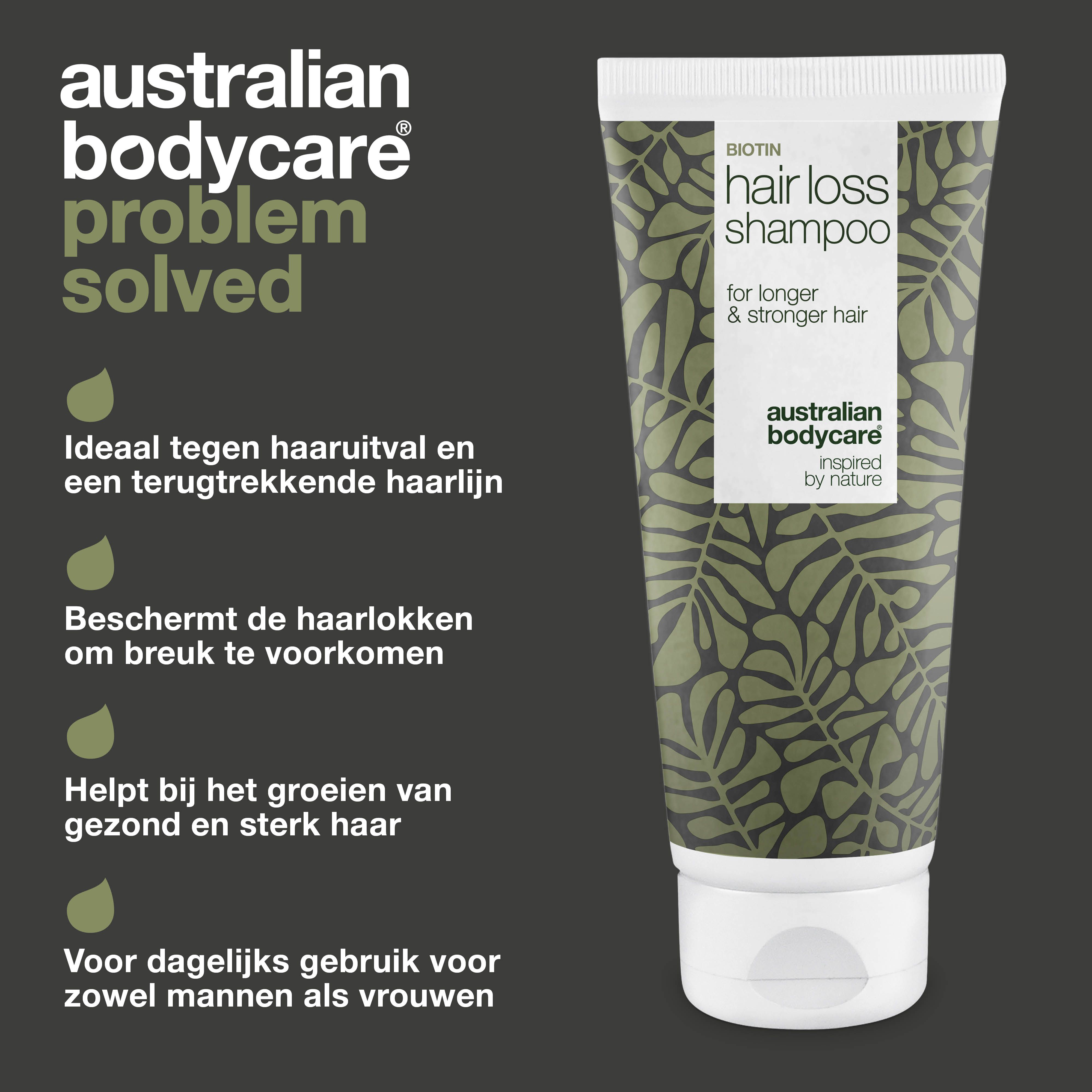 Biotin Hair Loss Shampoo tube. Groen-wit ontwerp. Tekst: Hair Loss Shampoo, Australian Bodycare.
