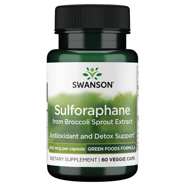 Groene fles met zwarte dop. Opschrift: SWANSON, Sulforafaan uit broccoli-spruitextract. 60 Veggie Caps.