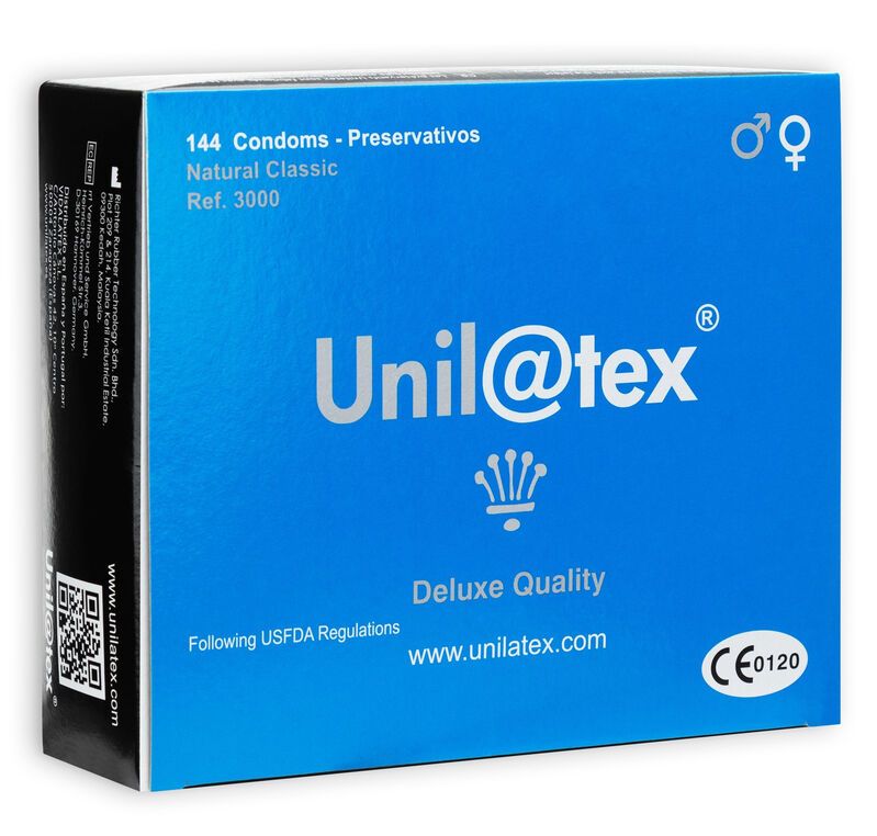 Boîte bleue avec logo Unil@tex, Deluxe Quality, CE 0120. Contient 144 préservatifs. Code QR et adresse du site web.