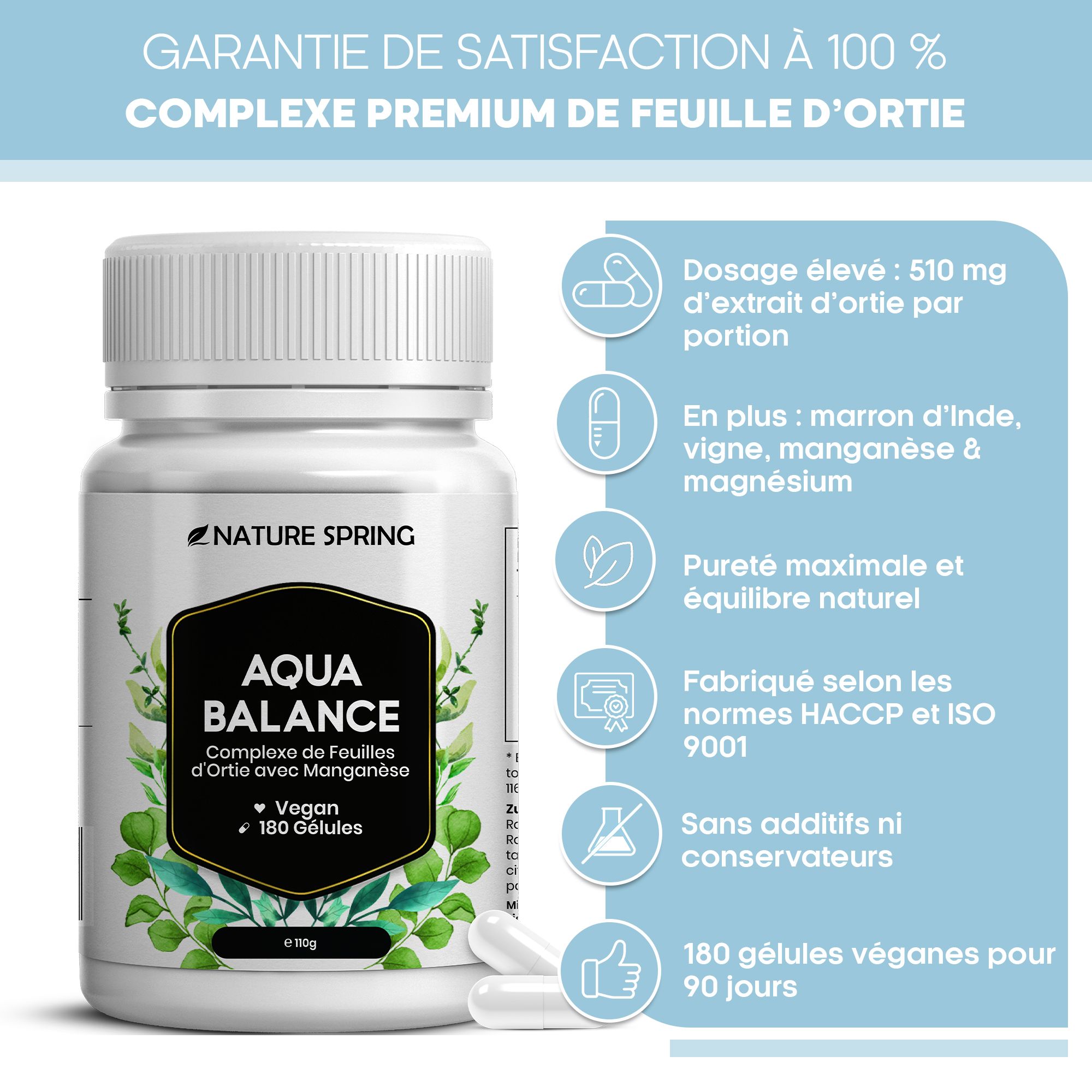 Boîte Aqua Balance avec infos ingrédients, gélules vegan et normes.