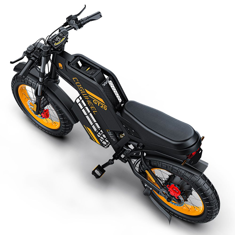 Vue de dessus du vélo électrique COSWHEEL GT20 noir. Jantes jaunes, pneus noirs. Selle, guidon, boîtier de batterie avec inscription.
