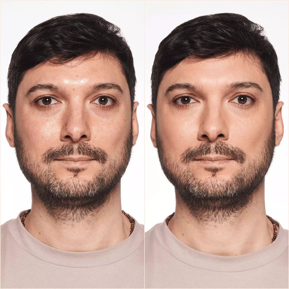 Image avant-après d'un homme. Droite: visage avec fond de teint. Gauche: visage sans fond de teint.