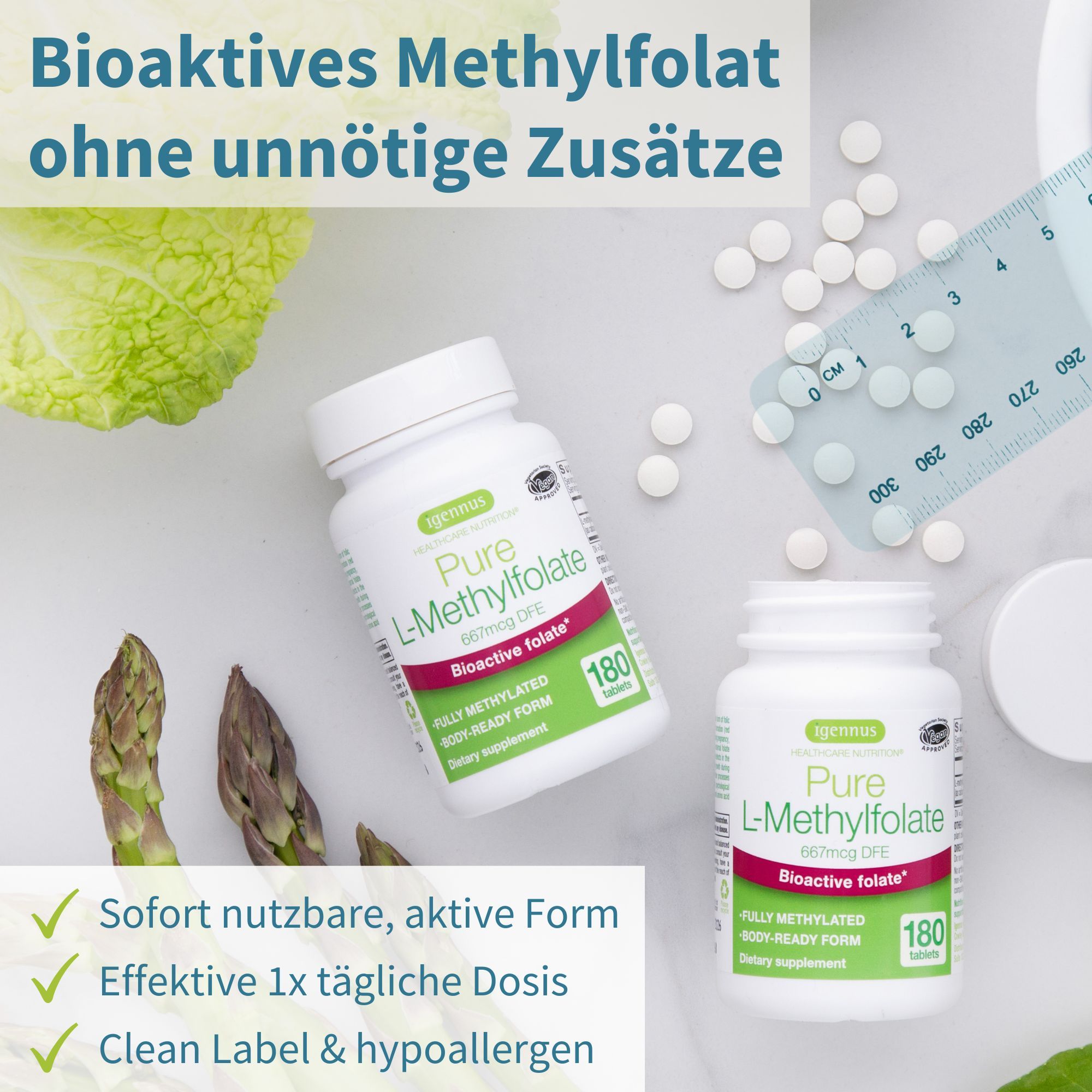 Deux flacons d'Igennus Pure L-Methylfolate 400mcg, 180 comprimés.