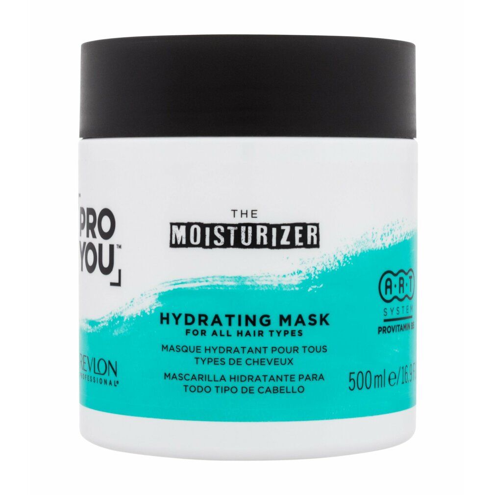 Pot blanc, couvercle noir. Inscription: PRO YOU, THE MOISTURIZER, HYDRATING MASK. Fond turquoise. 500ml.