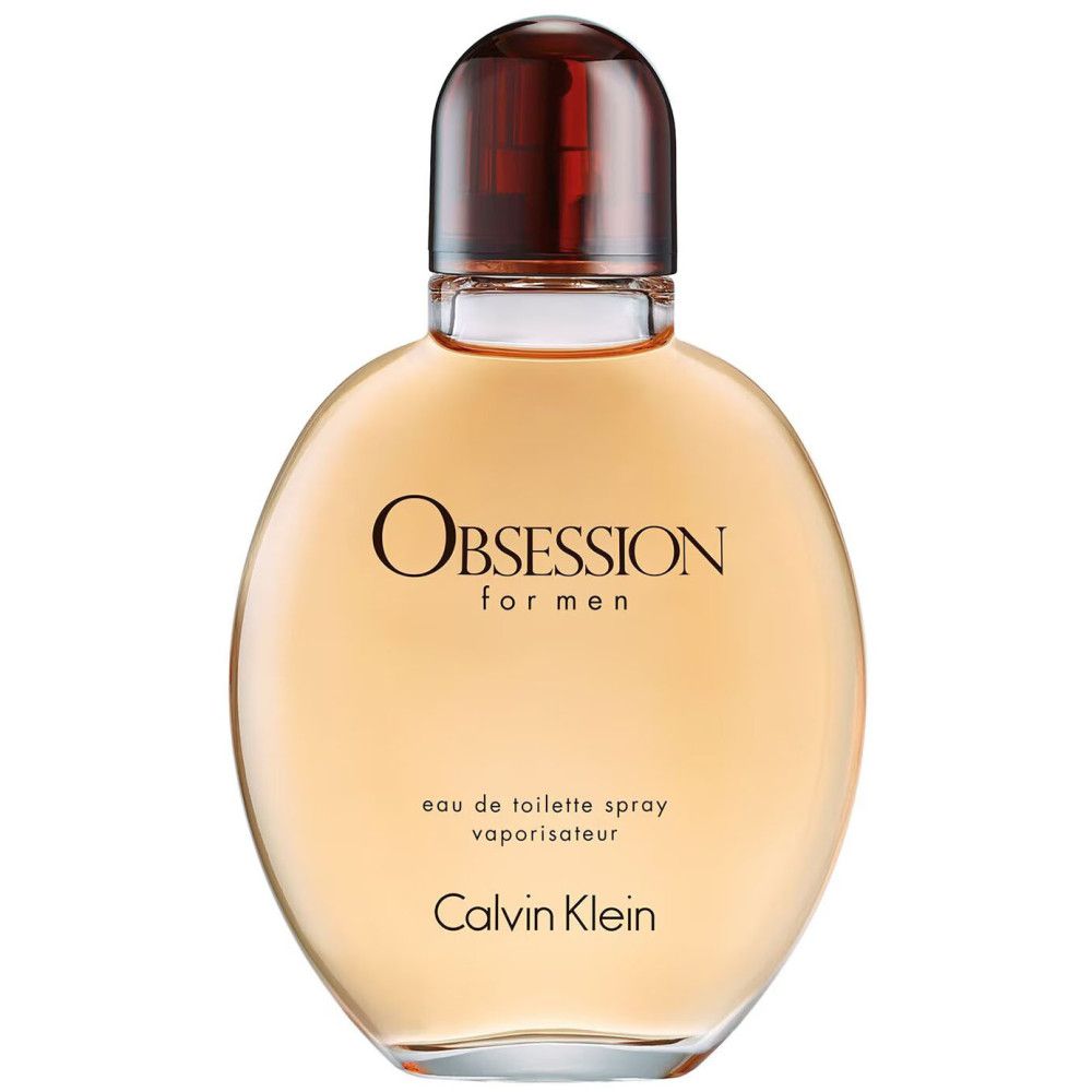 Flacon rond avec bouchon marron. Inscription : Obsession for men, Calvin Klein.