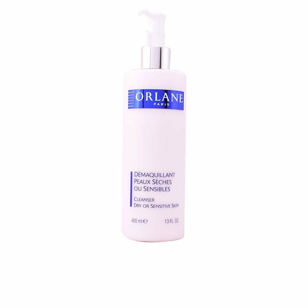 Flacon rose avec pompe. Inscription : ORLANE PARIS, DÉMAQUILLANT PEAUX SÈCHES OU SENSIBLES, CLEANSER DRY OR SENSITIVE SKIN, 400 ml.