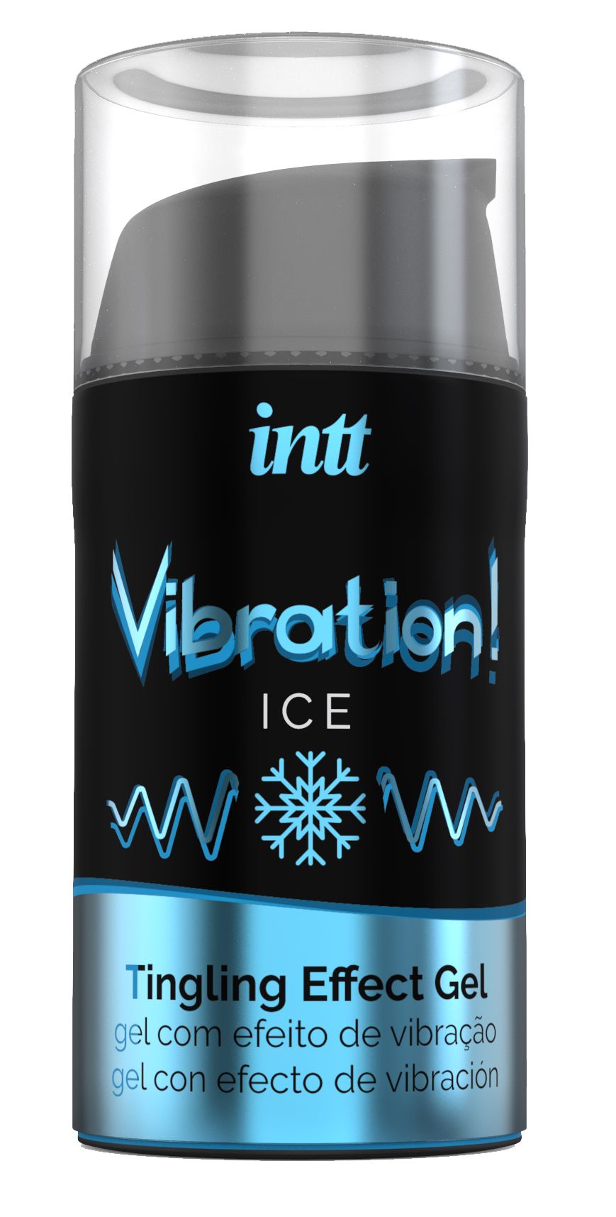 Flacon cylindrique noir avec texte: INTT Vibration! ICE Tingling Effect Gel. Bouchon transparent. Vue rapprochée.