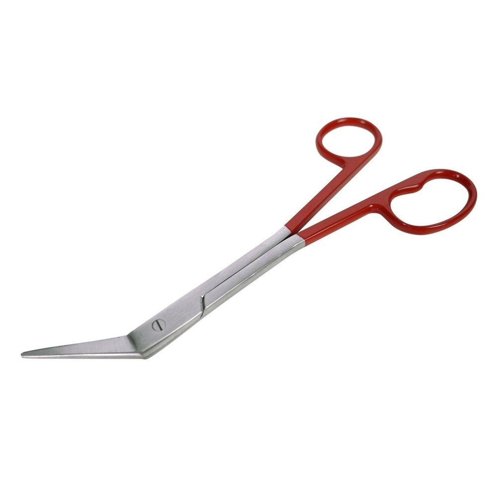 Ciseaux à ongles de pied avec lames incurvées et poignées rouges. Métal argenté. Poignées en forme d'anneaux.