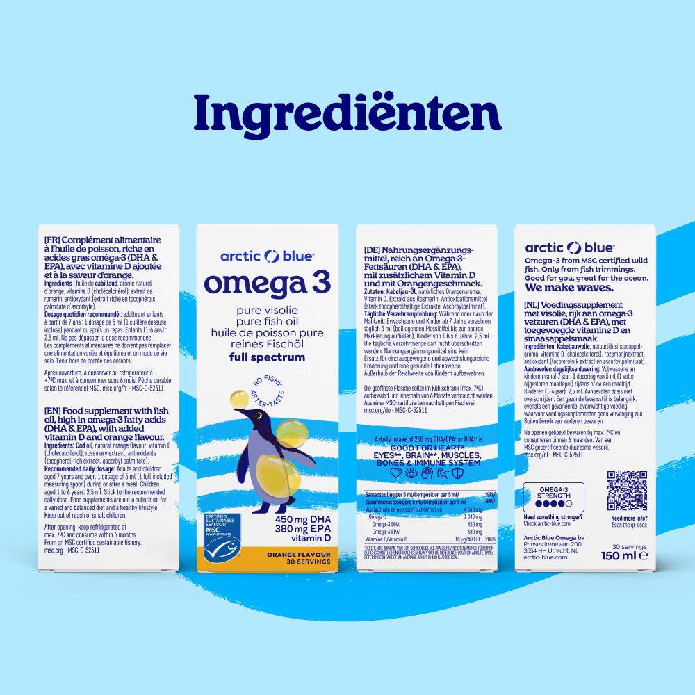 Achterkanten van vier Arctic Blue Omega 3 visolie dozen met voedingsinformatie en ingrediënten.