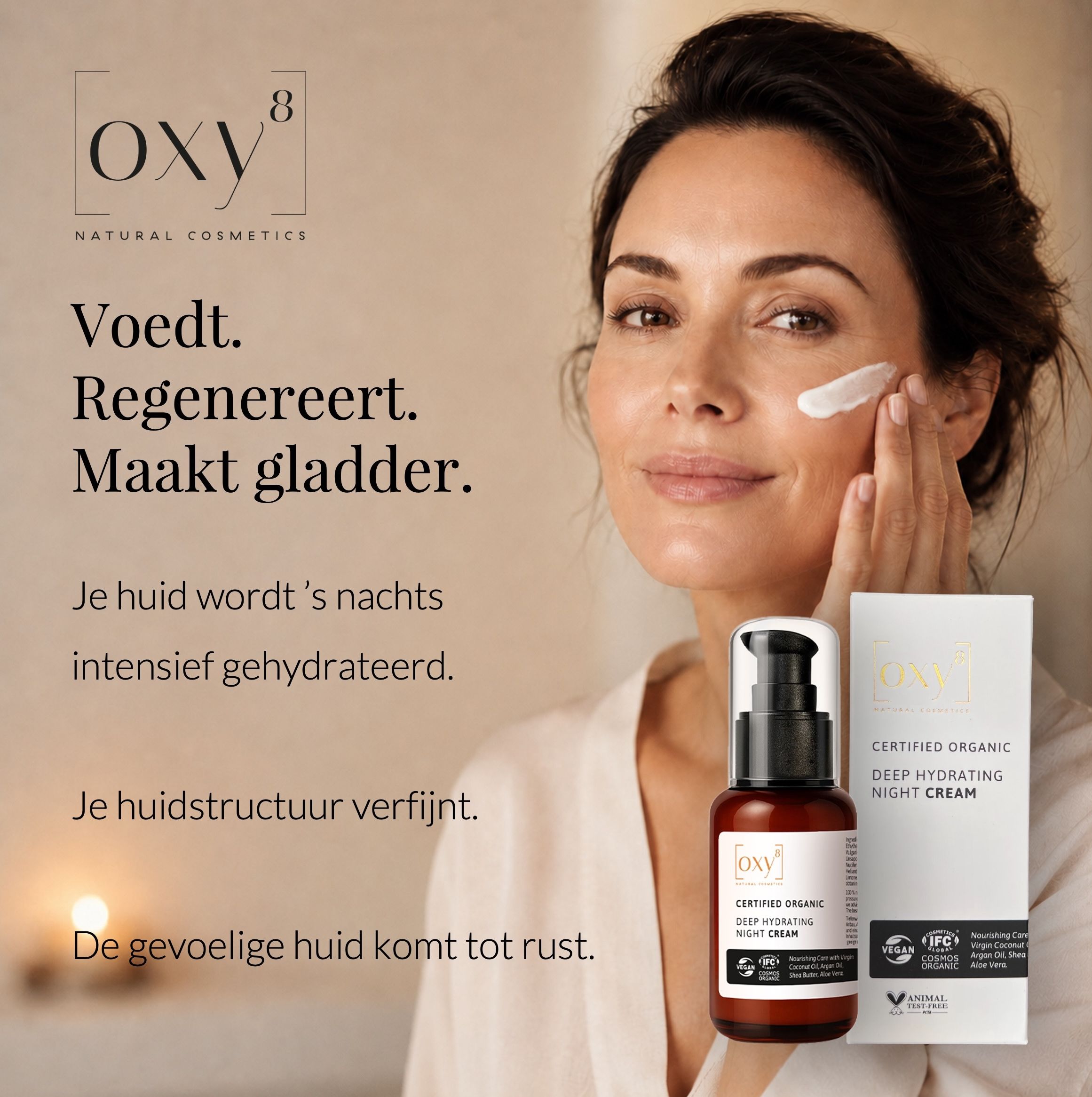 Vrouw met crème op gezicht. Tekst: Voedt. Regenereert. Maakt gladder. Product en fles.