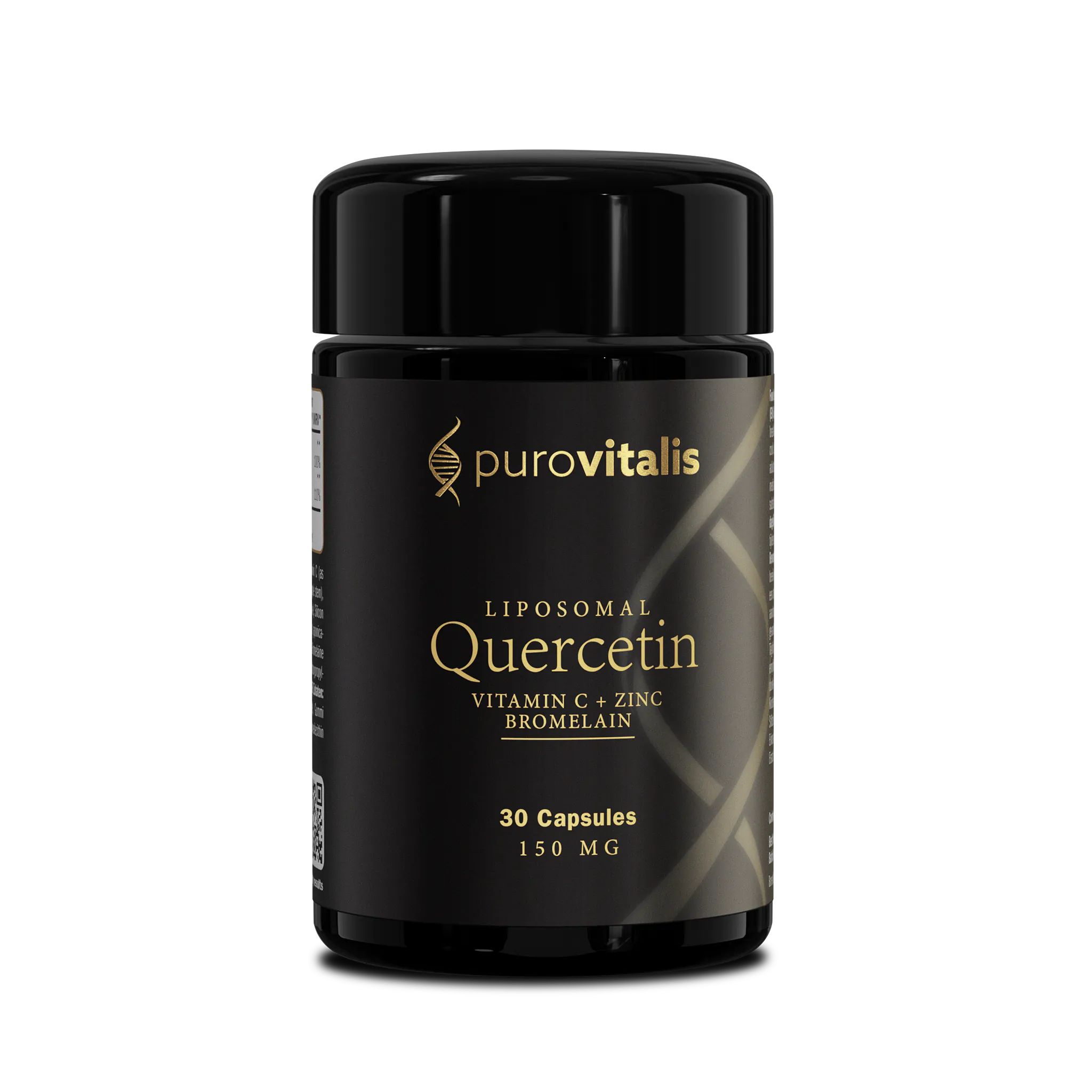 Zwarte fles met capsules. Opschrift: Purovitalis, Liposomale Quercetine, Vitamine C, Zink & Bromelaïne, 30 capsules, 150 mg.