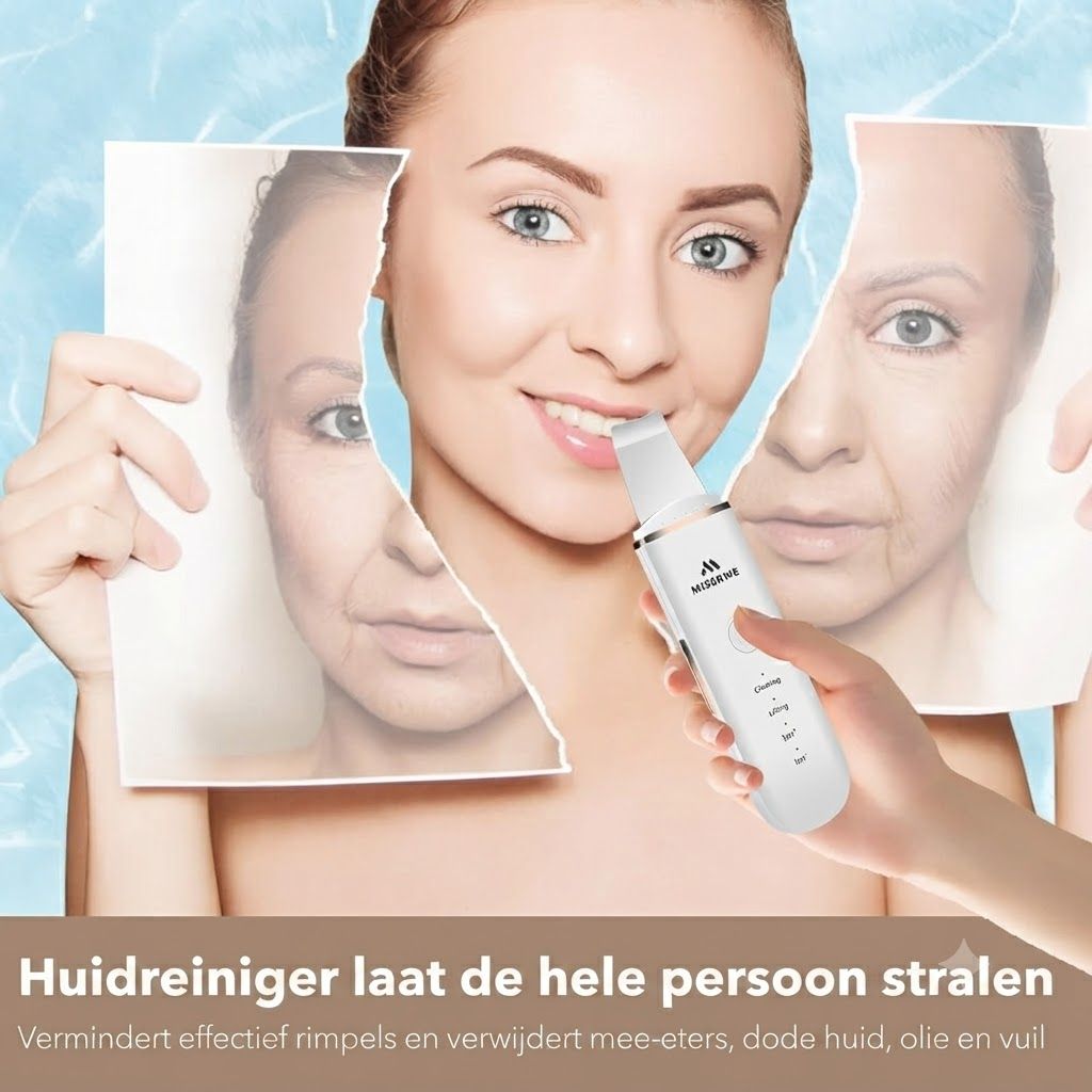 Een wit huidverzorgingsapparaat met metalen opzetstuk en bedieningsknoppen. Een hand houdt het apparaat vast voor een achtergrond met gezichten.