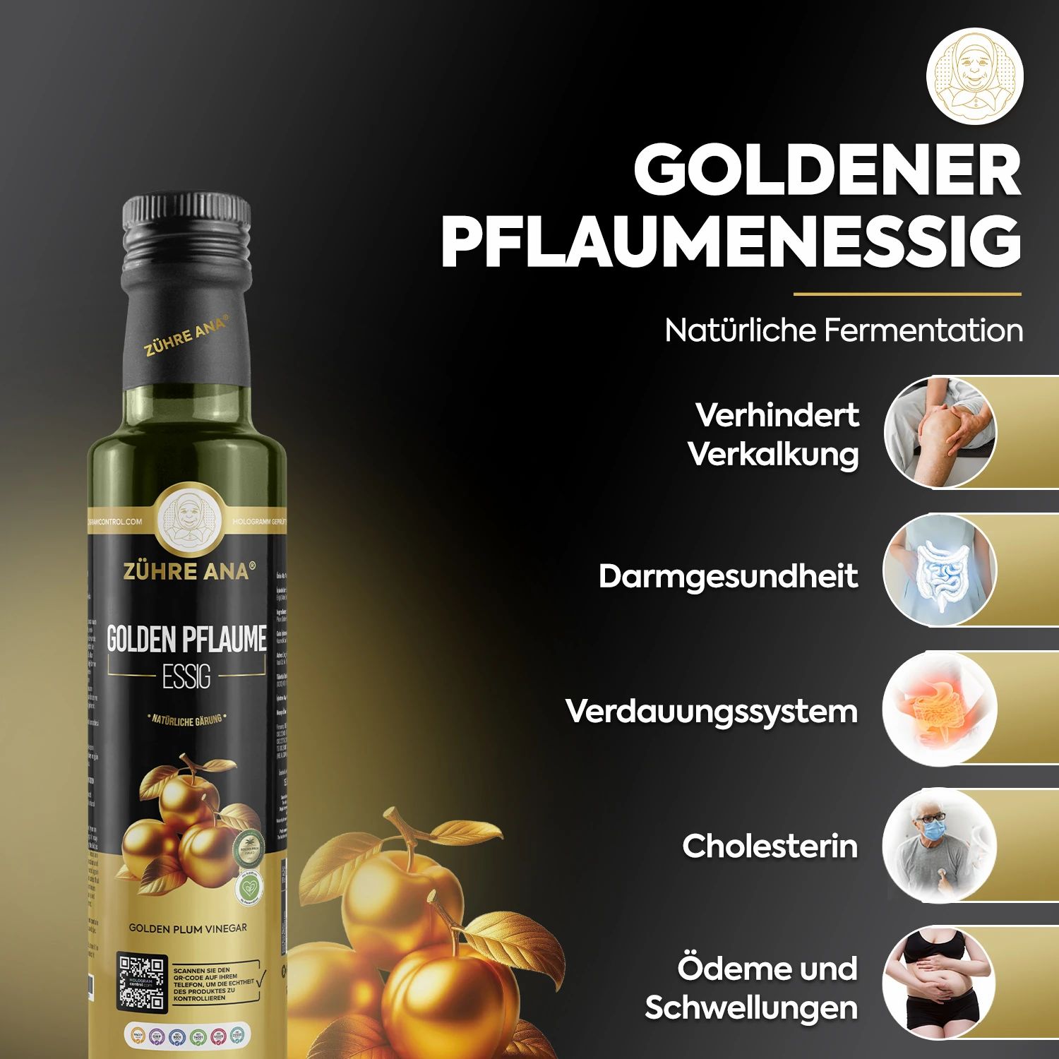 Fles Zühre Ana Gouden Pruimenazijn naast een kom salade en pruimen.