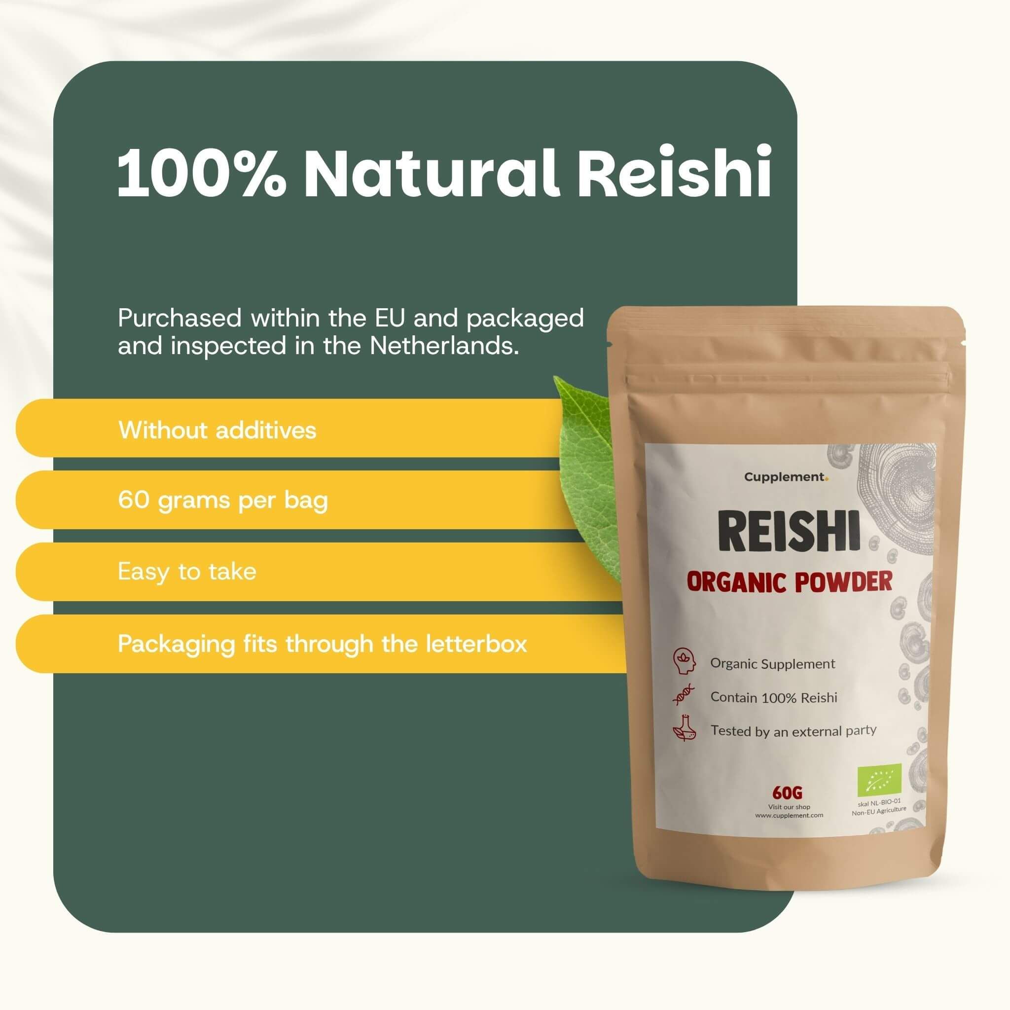 Sachet Reishi Organic Powder, 60g. Texte : Reishi 100% naturel. Sans additifs. 60 grammes par sachet. Facile à prendre.